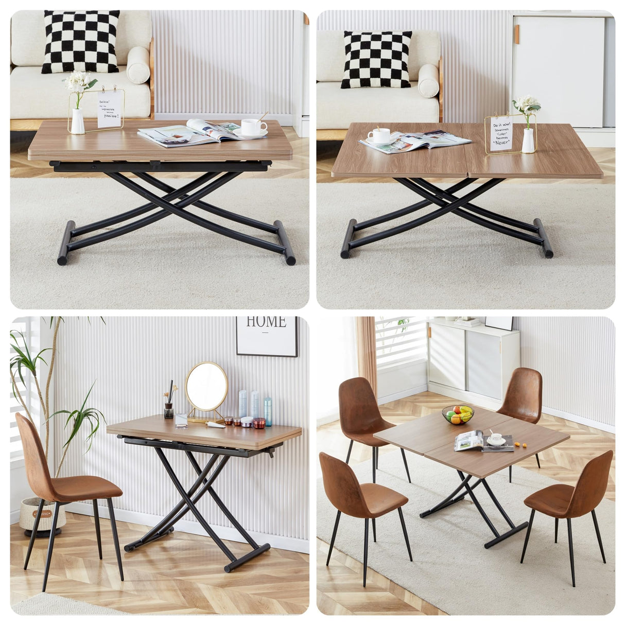 Multifunctional Folding Table, Lift Top Coffee Table Convertible to Dining Table, Height Adjustable Wooden Dinner Table with Metal Legs, Modern for Small Spaces Dining/Living Room/Kitchen EXVQMU