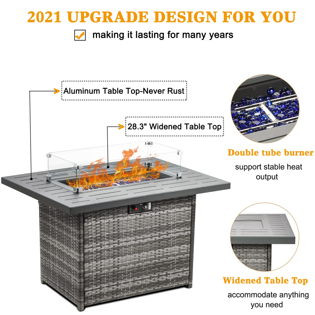 LayinSun 44" Propane Gas Fire Pit Table, 55000 BTU Rectangular Fire Pit with Glass Wind Guard for Outside Patio Deck Garden Backyard Gray-Aluminum Top LayinSun