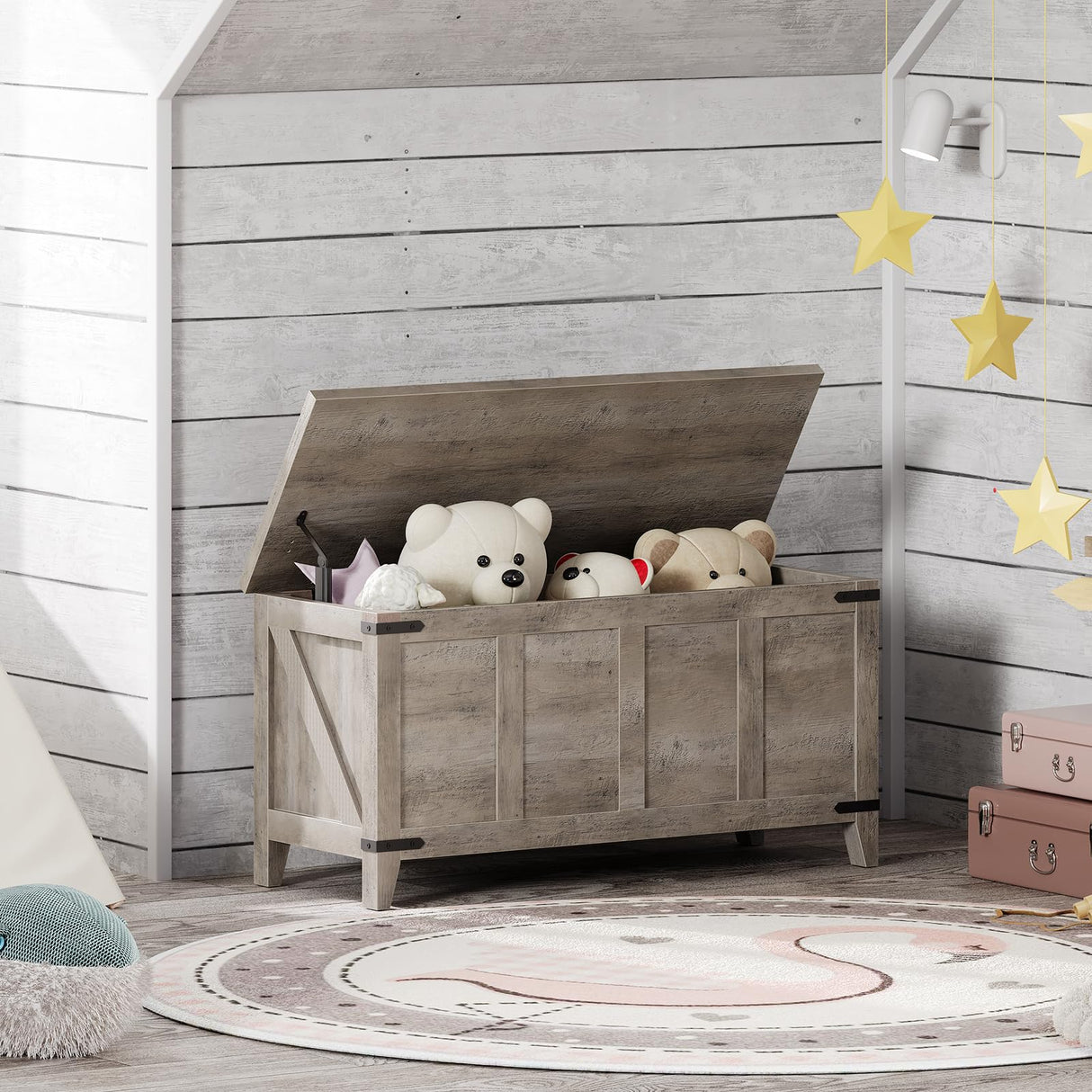 HOOBRO Farmhouse Storage Chest, 47.2" Storage Bench with Geometric Style Front, Toy Chest with Metal Accents and Lift Top, Toy Box Organizer, Sturdy Base, for Living Room, Greige BG124CW01 HOOBRO