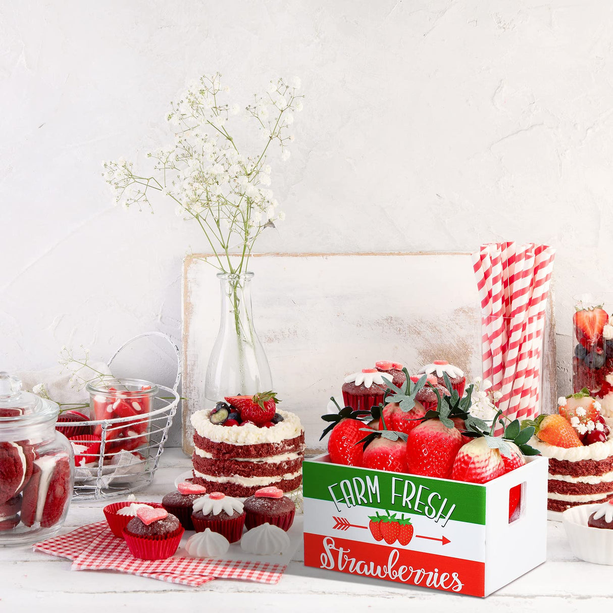 Marsui Tiered Tray Decor Mini Wooden Crate Rustic Farmhouse Wood Box with Decorative 8 Faux Strawberry Sunflower Lemons for Summer Home Party Decor Table Centerpiece(Strawberry Style) Marsui