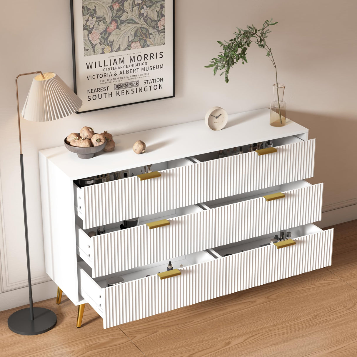 6 Drawer Double Dresser for Bedroom, Modern Dressers Chest of Drawers with Fluted Panel, Wide Wood Storage Dresser Organizer, Dresser TV Stand for Oubayajia