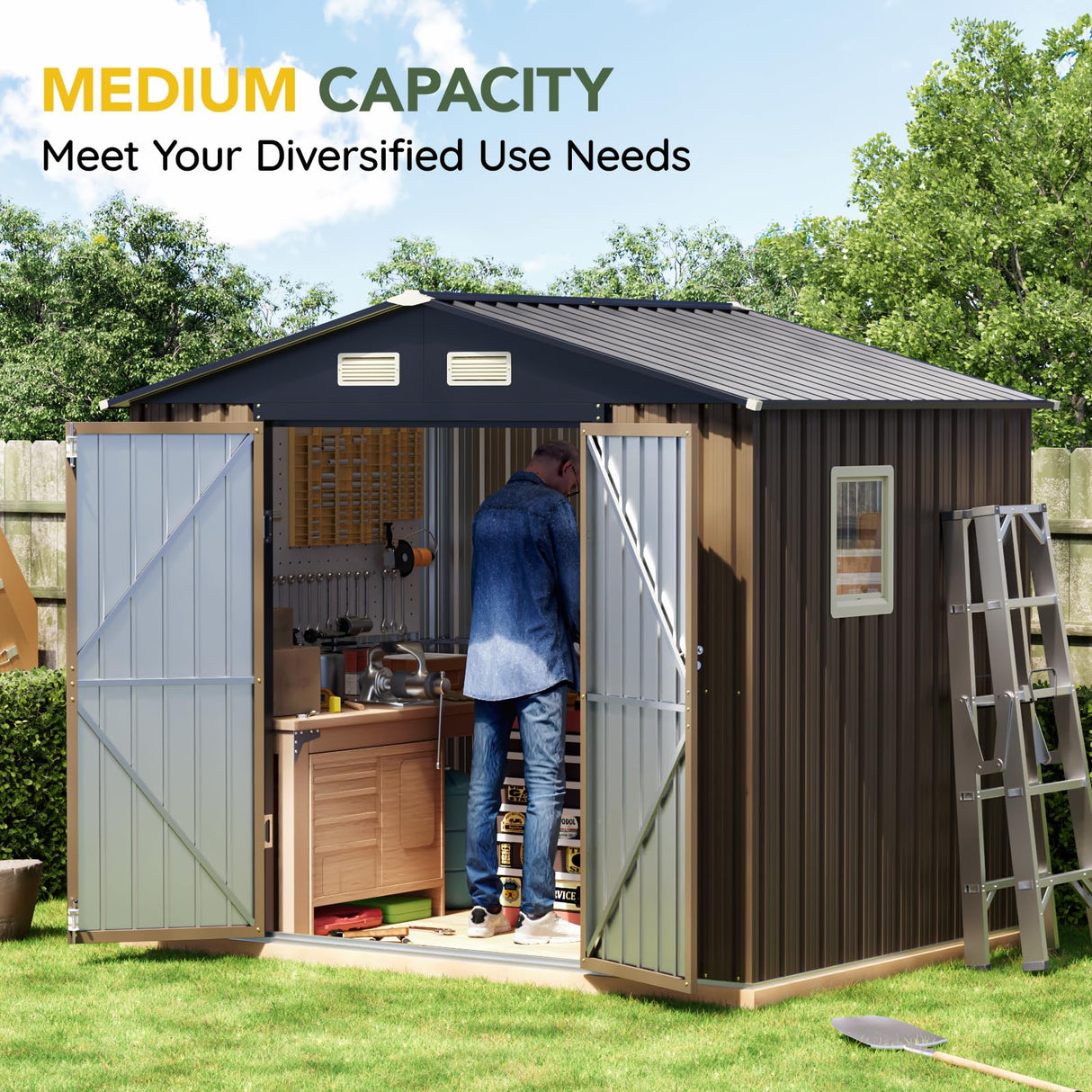 Breezz 8x6FT Outdoor Steel Storage Shed with Clear Window, Lockable Doors, Weather-Resistant Metal Tool Shed for Garden, Backyard, Patio, and Utility Storage.Brown BreezZ