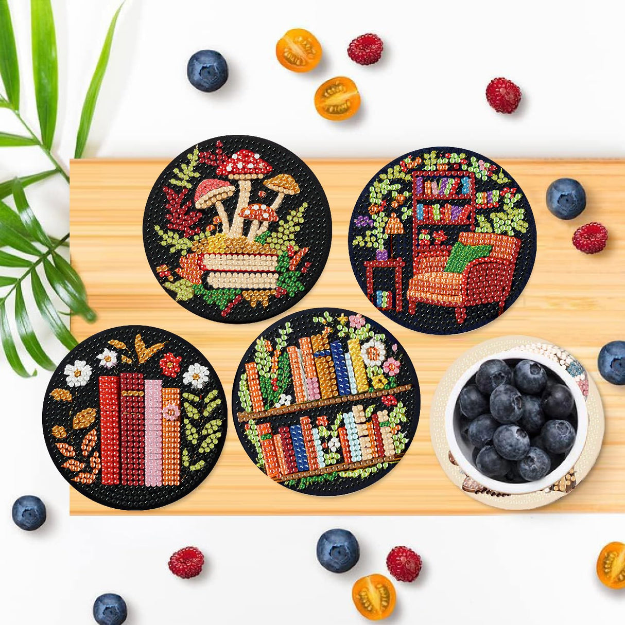 8 Pcs Bookshelf Diamond Art Coasters Kit - DIY 5D Small Diamond Painting Coasters with Holder, Mini Diamonds Arts Kits for Adults Coaster, Gem Art Arts and Crafts for Adults Clendo