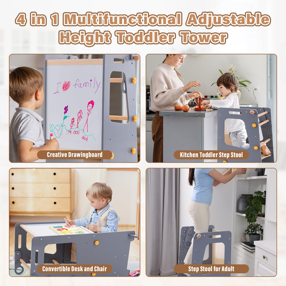 4 in 1 Toddler Kitchen Tower, Kids Kitchen Stool Helper, Standing Tower with Convertible Table and Chair, Toddler Step Stool with Adjustable-Height,Whiteboard and Safety Rail for Kitchen Aokkto