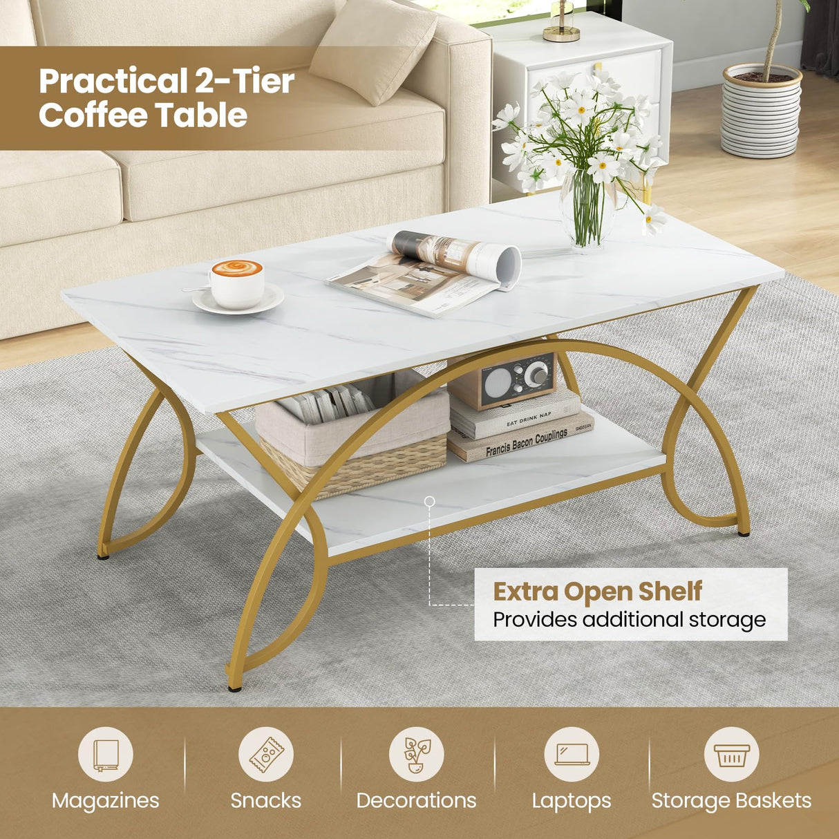 COSTWAY Marble Coffee Table, 2-Tier Modern Faux Marble Accent Table with Storage and Gold Finished Metal Frame, Chic Rectangular End Table for Living Room Office Lounge COSTWAY