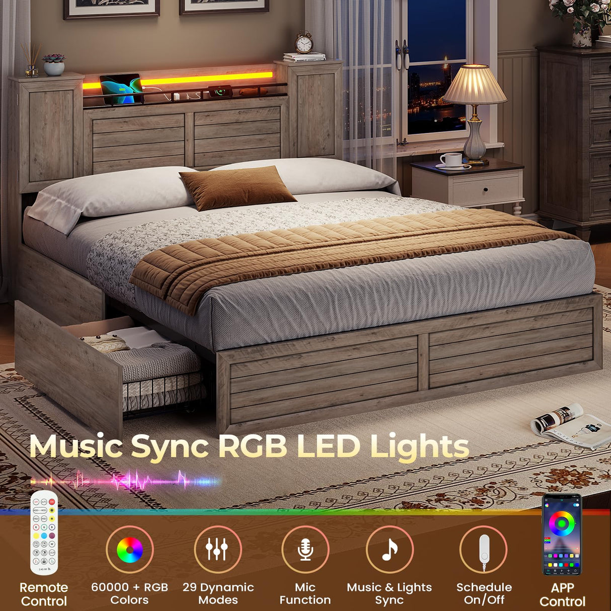 VIAGDO Farmhouse Queen Bed Frame with Headboard and Double Barn Door Storage Cabinets, Rustic Wooden Bed Frame Queen Size with Charging Station, 4 Drawers and LED Lights, No Box Spring Needed, Grey VIAGDO