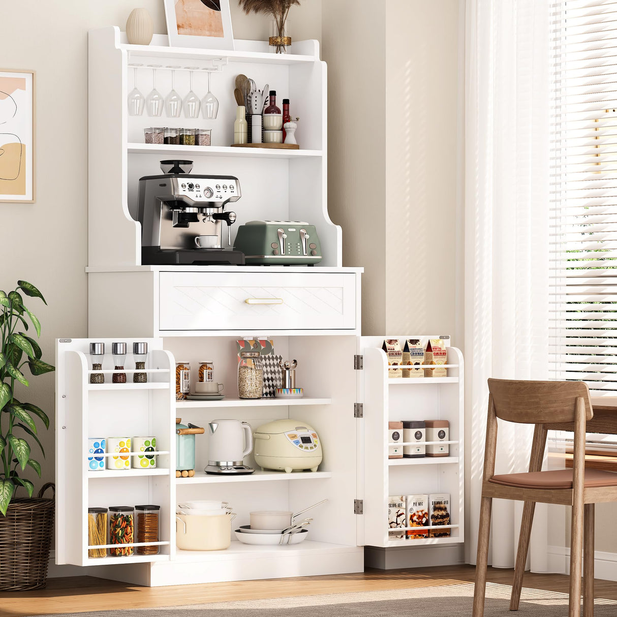 kepptory 66" Kitchen Pantry Cabinet with Microwave Shelf, Pantry Storage Cabinet with Adjustable Shelves and Drawer, Kitchen Buffet Cupboards Sideboard for Home Office Use (16" D x 24" W x 66" H) kepptory