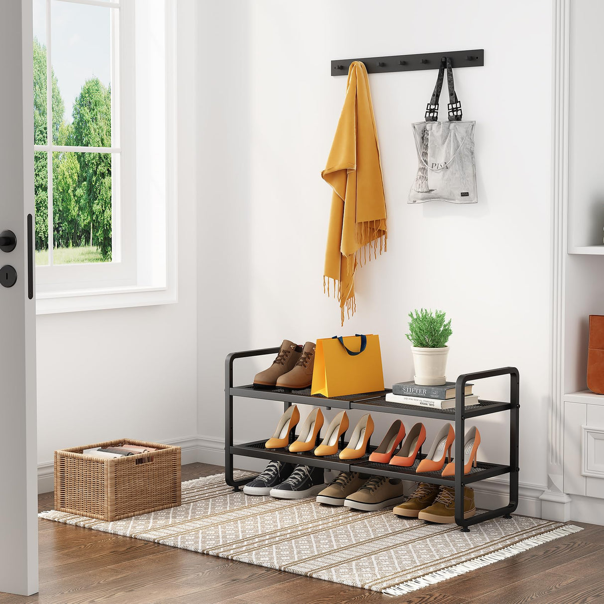 Shoe Rack - Expandable Shoe Organizer for Closet, Adjustable Metal Shoe Shelf Storage, 2 Tier Stackable Long Shoe Stand Holder for Garage, Entryway, Door Entrance, Black SNTD