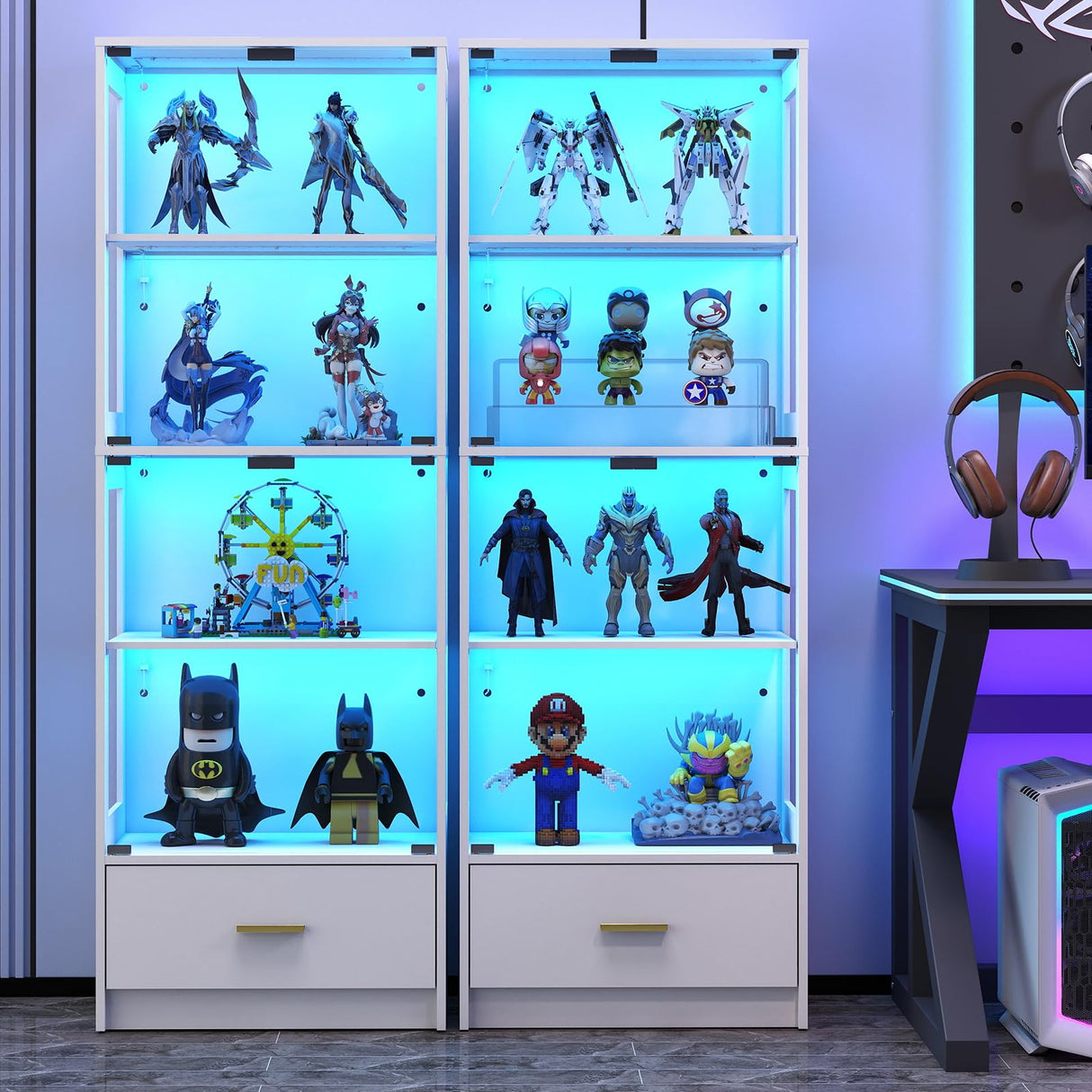 Lamtor Glass Display Cabinet with Doors - Curio Cabinet with Dynamic LED Lights for Collectibles, 67" Display Case with 4 Tier and Drawer for Figure, Toys, Books, White(Narrow) Lamtor