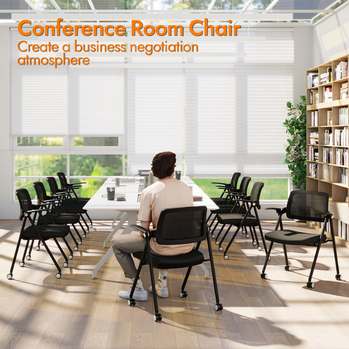 FYLICA Stackable & Foldable Office Chair Set of 2, Folding Desk Chair with Flip-Up Armrest, Breathable Mesh, Thick Seat Cushion & Rocking Backrest, Conference Room Chair with Wheel (Black) FYLICA