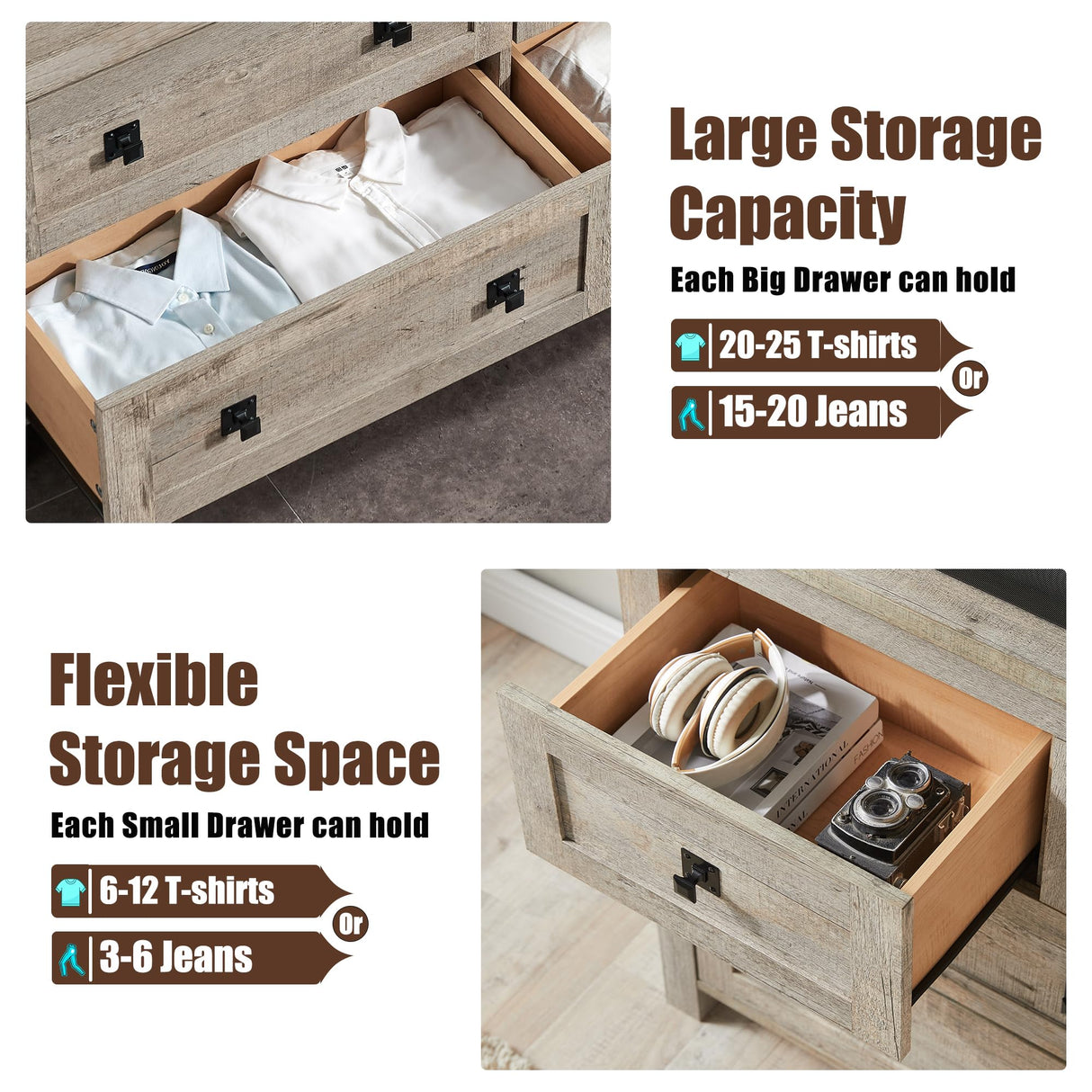 T4TREAM Farmhouse 7 Drawers Tv Stand, Wood Rustic , Storage Dressers Organizer for Bedroom, Living Room,Hallway, Light Rustic Oak T4TREAM