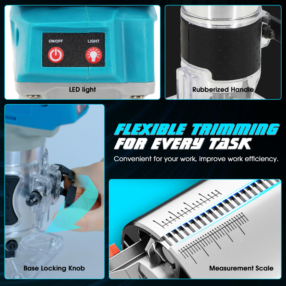 1/4" Cordless Compact Wood Router for Makita 18V Battery (Bare Tool), 6 Variable Speeds Fixed Base Palm Plunge Router with Trim Router Bits for Woodworking (Blue) Aoikoy