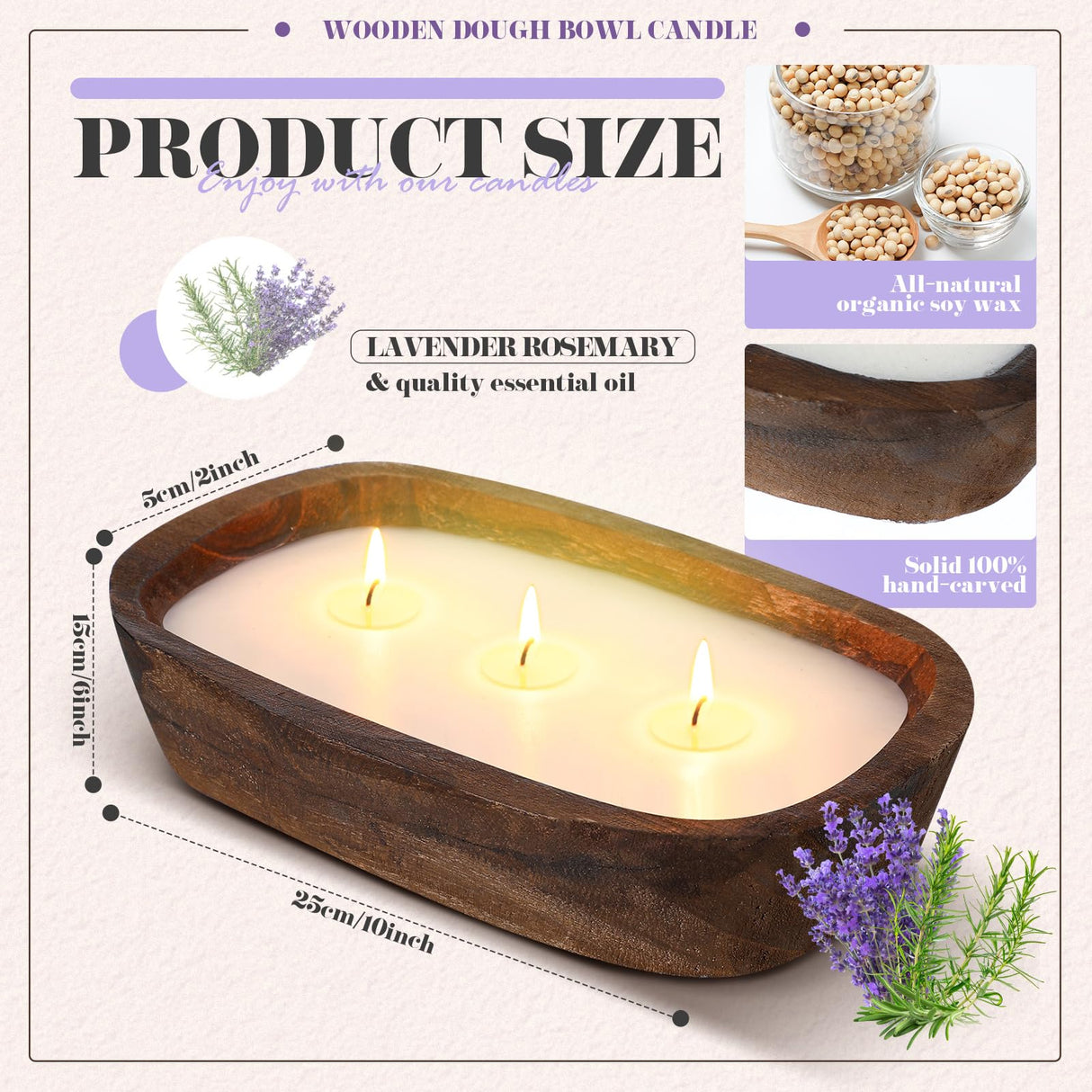 Threlaco 2 Pack 10 Inch Wood Dough Bowl Candle Candle Decorative with Wick Scented Candles Soy Gifts for Men Women Farmhouse Table Centerpiece Home(Lavender) Threlaco