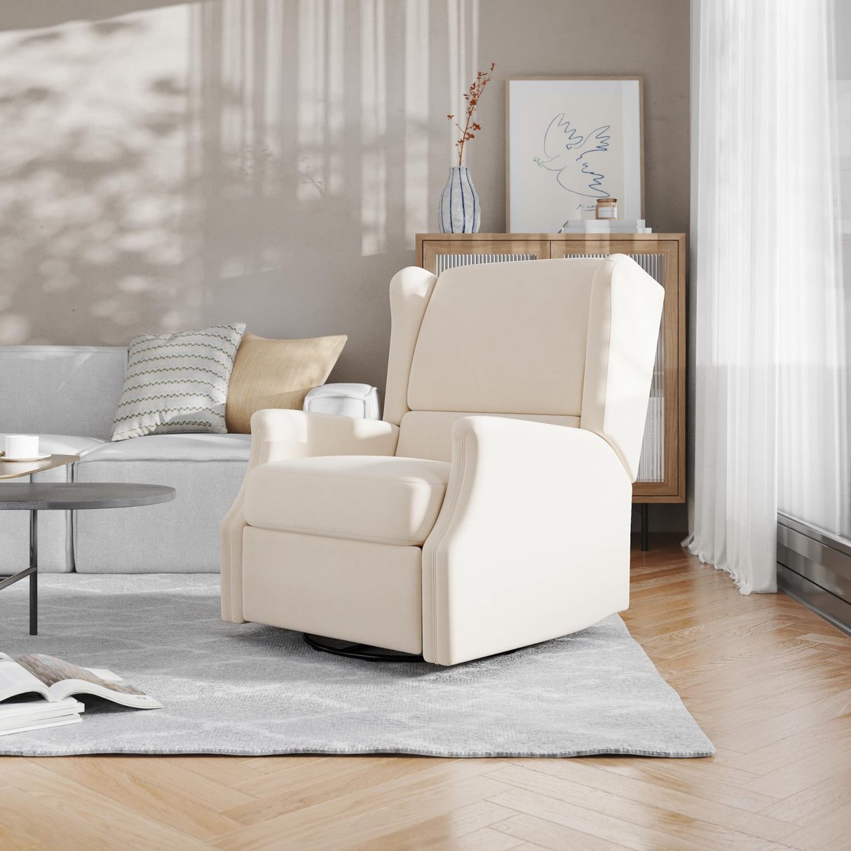 Flash Furniture Omma Swivel Glider Rocking Recliner, Manual Wingback Recliner with 360 Degree Swivel, for Living Room, Bedroom, or Nursery, Upholstered, Cream Flash Furniture