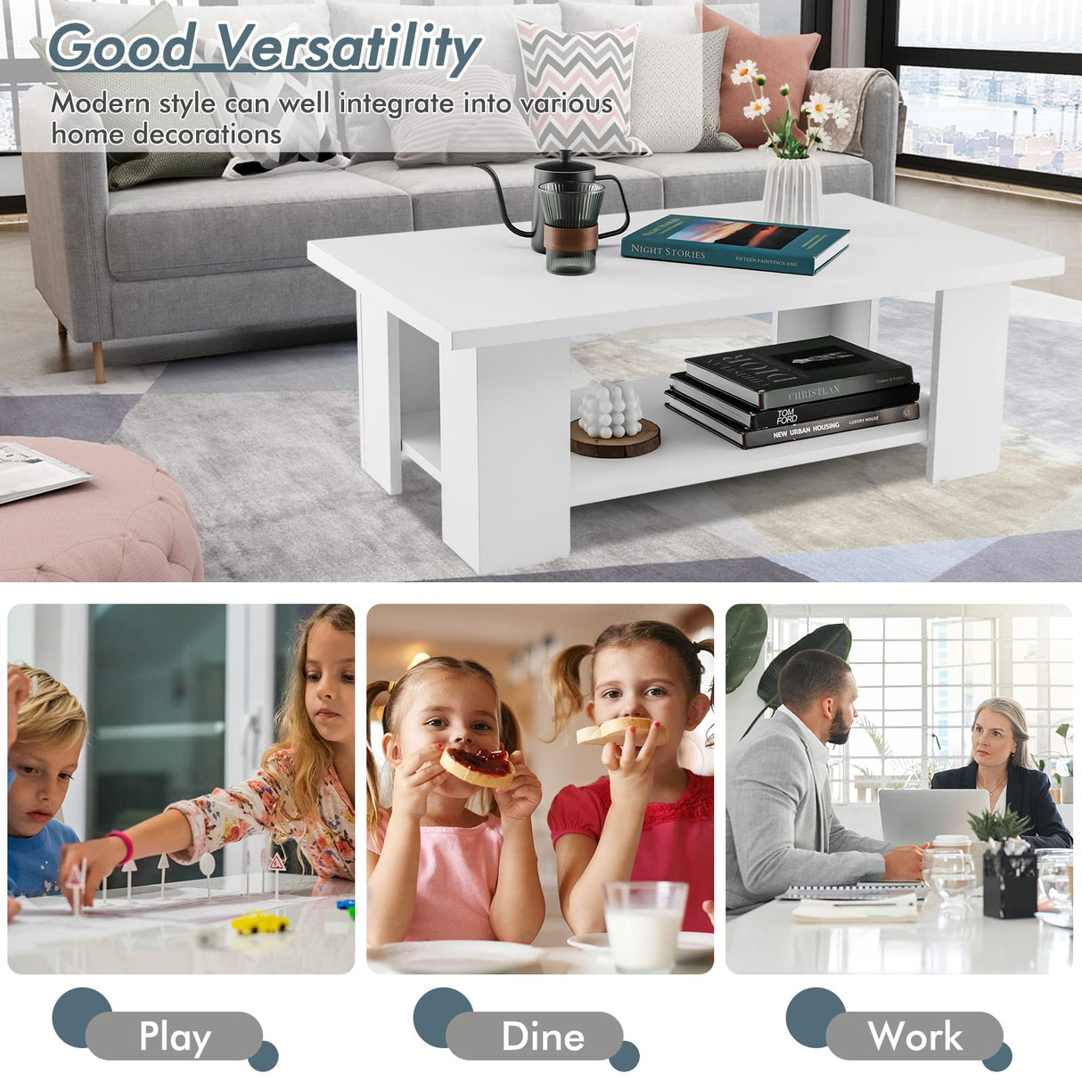 Tangkula 2-Tier Coffee Table, Modern Rectangular Center Cocktail Table with 5 Support Legs, Wooden Accent Living Room Furniture, Small Coffee Table for Small Spaces, Easy Assembly (White) Tangkula