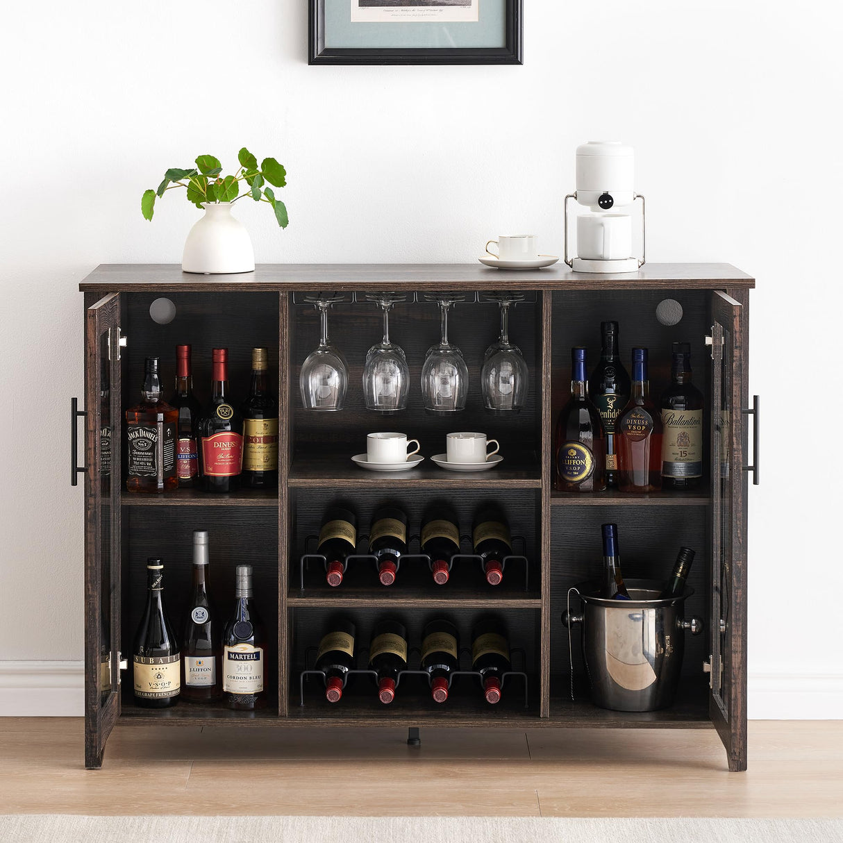IDEALHOUSE Wine Bar Cabinet with Led Light,Home Coffee Cabinet with Wine and Glass Rack,Kitchen Buffet Sideboard with Storage,Liquor Cabinet for Bar,Dining Room,Kitchen(Dark Rustic Oak) IDEALHOUSE