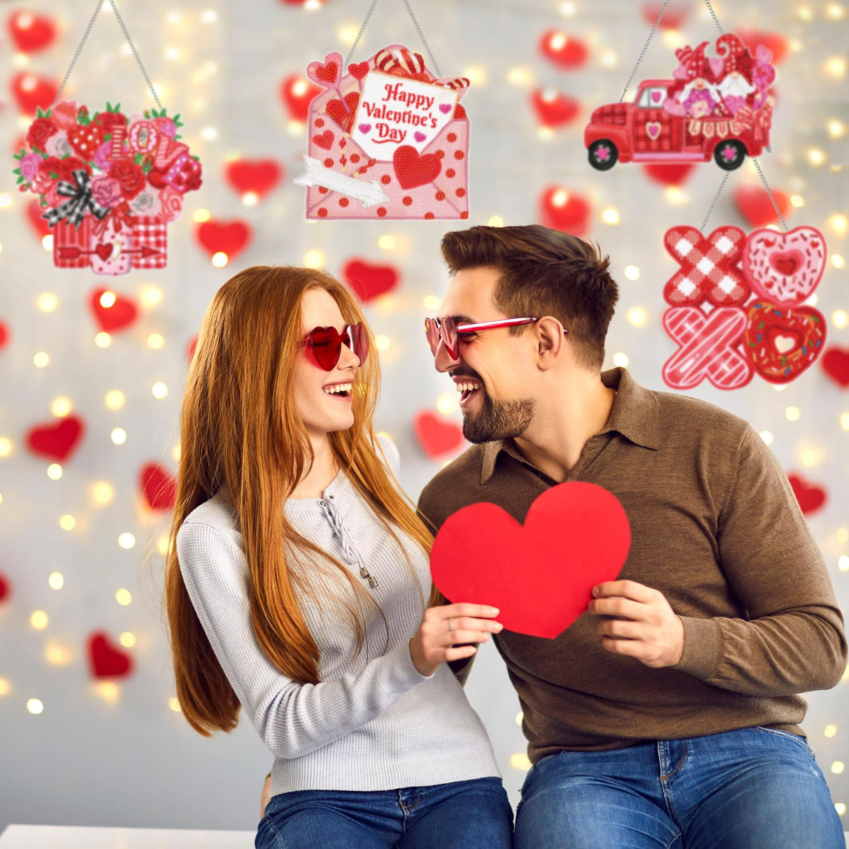 Chiisong 6 Pcs Valentine's Day Diamond Painting Glow in The Dark Diamond Art Painting Kits Flower Truck Wreath Love Gnome Tree Hanging Ornaments for DIY Holiday Decoration Gift Chiisong