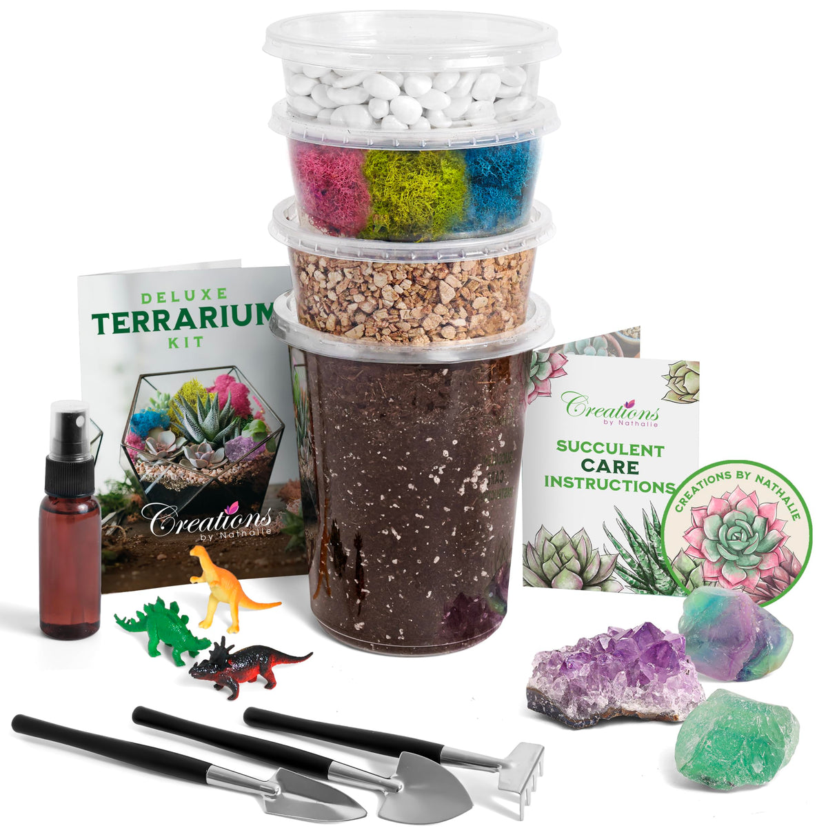 Creations by Nathalie – DIY Large Terrarium Starter Kit with Soil, Moss, Pebbles, Healing Crystal, Tools & Supplies – Terrarium Kit for Adults & Kids, Handcrafted in USA Creations by Nathalie