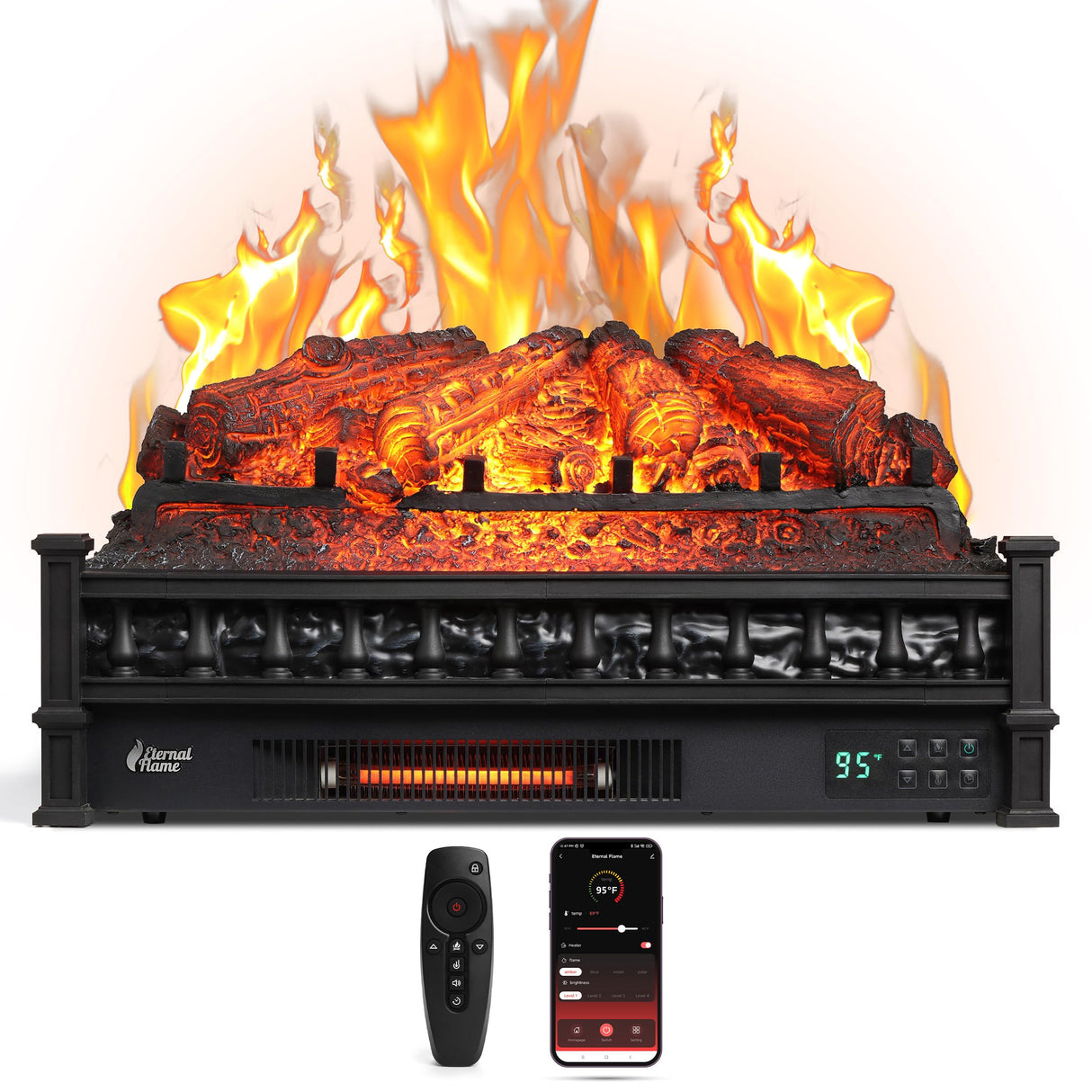 TURBRO Eternal Flame 26 in. WiFi Infrared Quartz Electric Fireplace Log Heater with Sound Crackling, Realistic Pinewood Logs, Adjustable Flame Colors, Remote Control, Thermostat, Timer, 1500W Black TURBRO