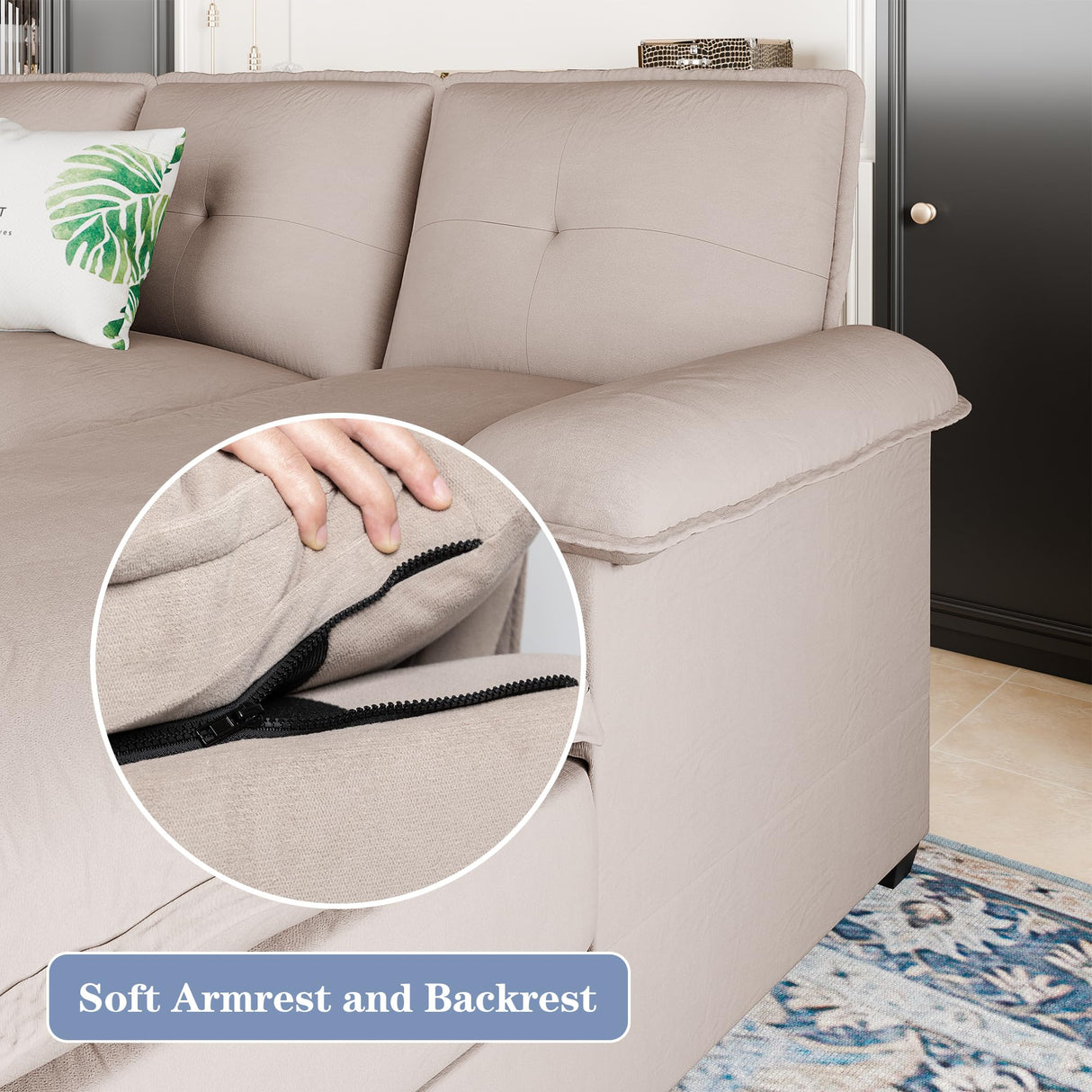 Shintenchi 110" Sectional Couches for Living Room,4 Seat U Shape Modular Couch with Thick Cushion & Soft Backrest,Upholstered Sofa Couch with Double Chaise,Beige Shintenchi