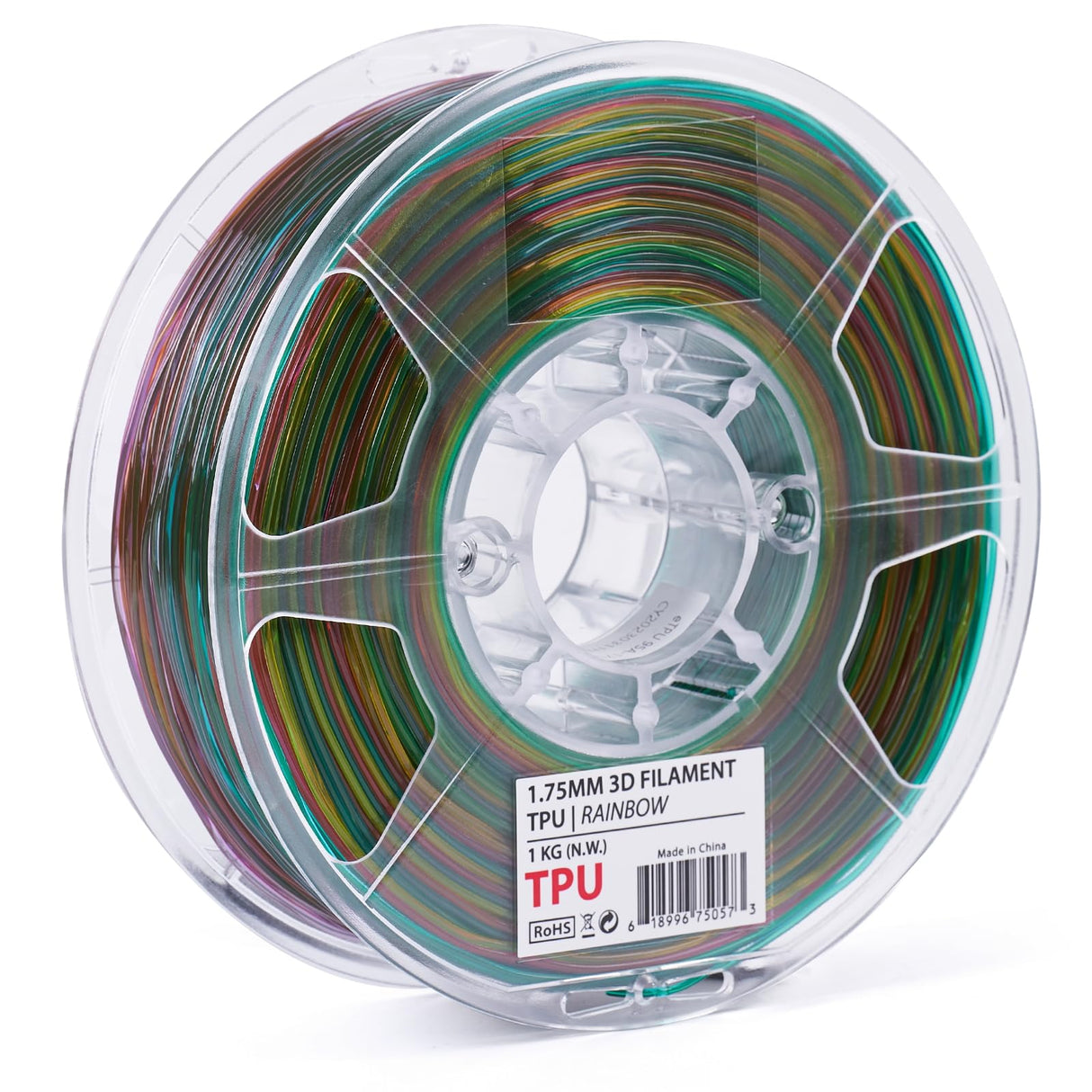 INLAND TPU Filament, Rainbow TPU 3D Printer Filament, Red, Orange, Purple, Yellow, Green Flexible Filament, Dimensional Accuracy +/- 0.03 mm - 1kg Spool (2.2 lbs) INLAND