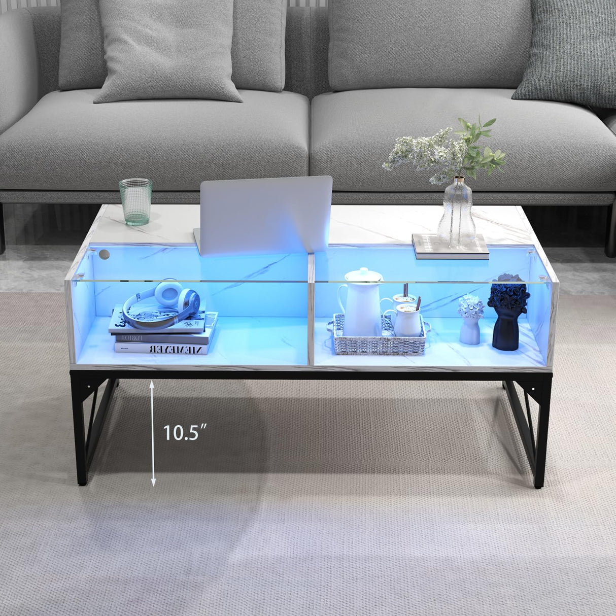 Tangkula LED Coffee Table, High Glossy Center Table with 4 Storage Cubes, Faux Marble & Tempered Glass Top, Adjustable Light Colors, Remote Control, Modern Cocktail Table for Living Room (White) Tangkula