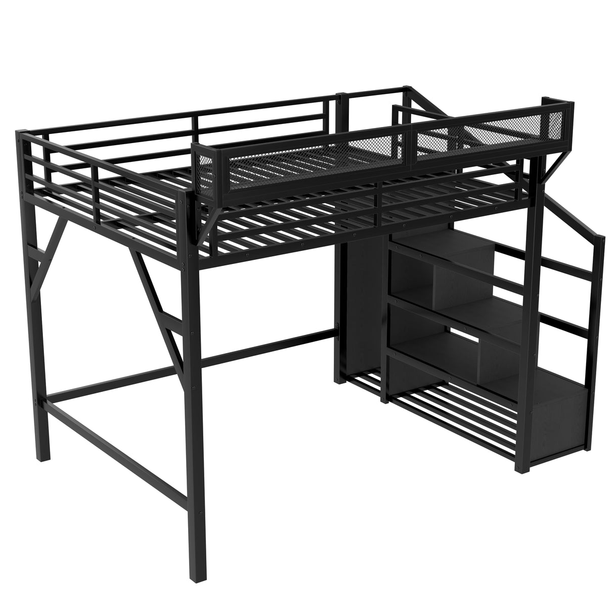 Metal Queen Size Loft Bed with Stairs and Wardrobe,Heavy Duty Loft Bed Frame with LED Lights and Charging Station for for Kids, Teens, Adults,Black Woodgrain Bellemave