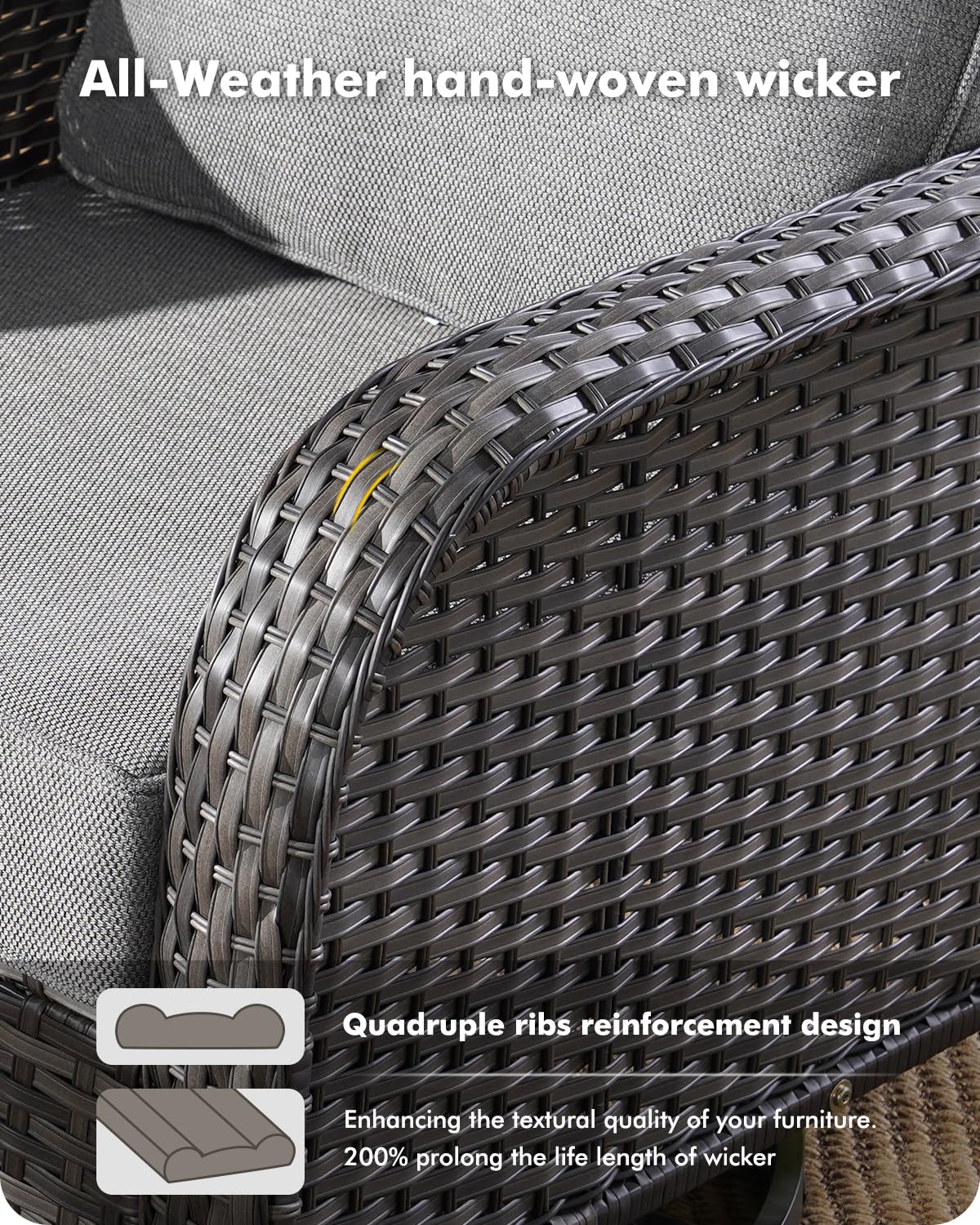 CAODOC 3-Piece Swivel Rocking Rattan Chair Outdoor, Patio Bistro Furniture Conversation Set, Wicker Chair with Coffee Table Dark Gray CAODOC