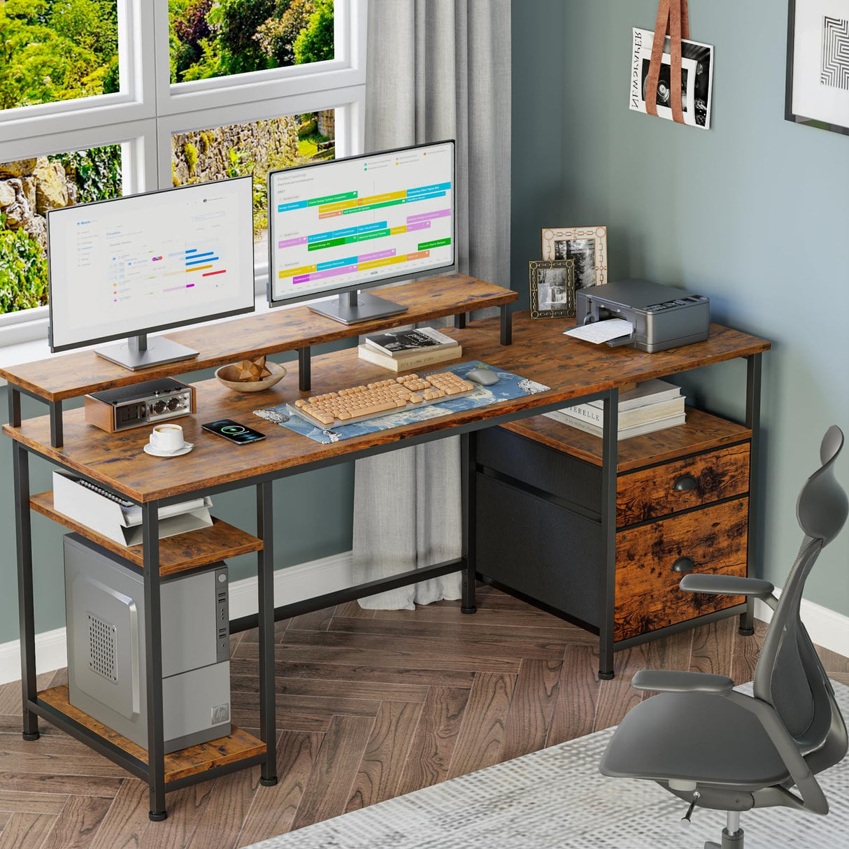 Furologee 61" Desk with Fabric File Drawer, Reversible Computer Desk with Shelves and Drawer, Industrial Writing Desk with Monitor Stand, Long Study Table Workstation for Home Office, Rustic Brown Furologee