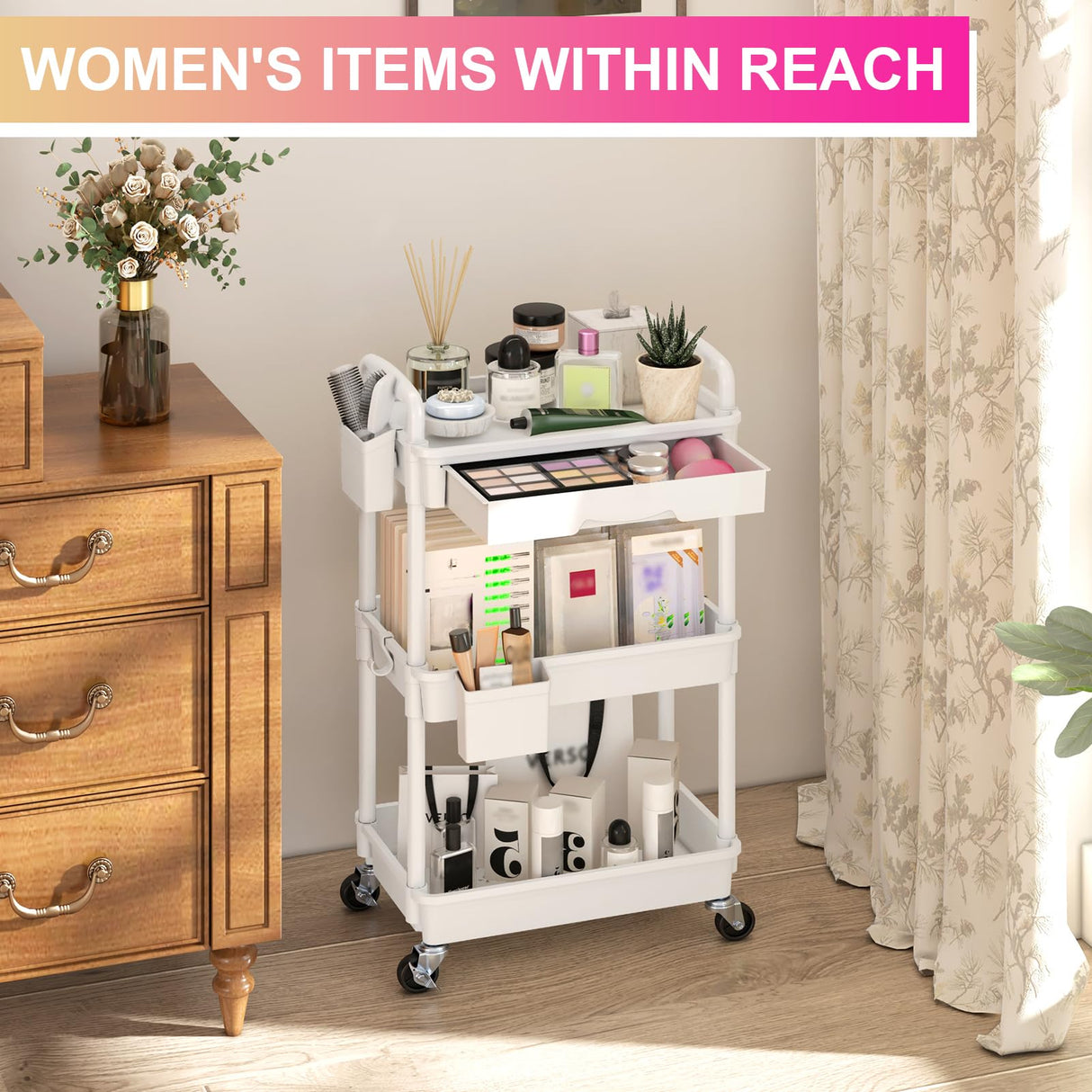 Goovilla 3 Tier Rolling Utility Cart Organizer with Removable Drawer, Stable and Sturdy White Rolling Storage Carts with 2 Lockable Wheels for Bathroom, Kitchen, Snack, Craft, Makeup, Baby Essentials Goovilla