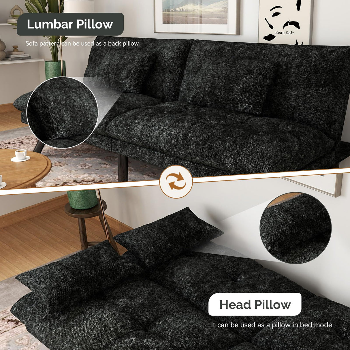 Futon Sofa Bed Convertible Solid Wood Couch Comfortable Chenille Fabric with 2 Cushions for Living Room (Black) homeokay