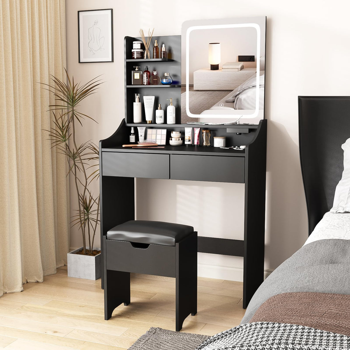 Vabches Vanity Desk with LED Light Mirror and Charging Station, Small Cute Vanity Set with 4 Storage Shelves 2 Drawers, Vanity for Girls Women with Storage Stool, Vanity Table for Bedroom (Black) Vabches