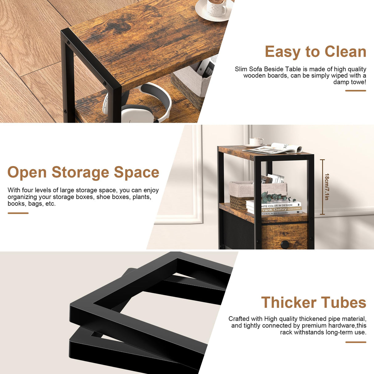 Small Narrow Side Table with Drawers, Skinny End Table for Small Spaces, Slim Nightstand with Storage, Sofa Bedside Table in Living Room, Bedroom, Study, Kitchen and Balcony (Rustic Brown) Homedawn