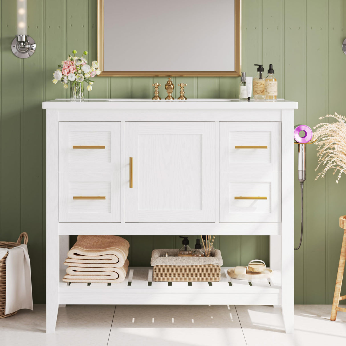 IRONCK Bathroom Vanity with Sink, 36" Modern Undermount Bathroom Sink Cabinet with 4 Drawers&Open Shelf, Vanity Sink with Charging Station and Door Shelves, White IRONCK