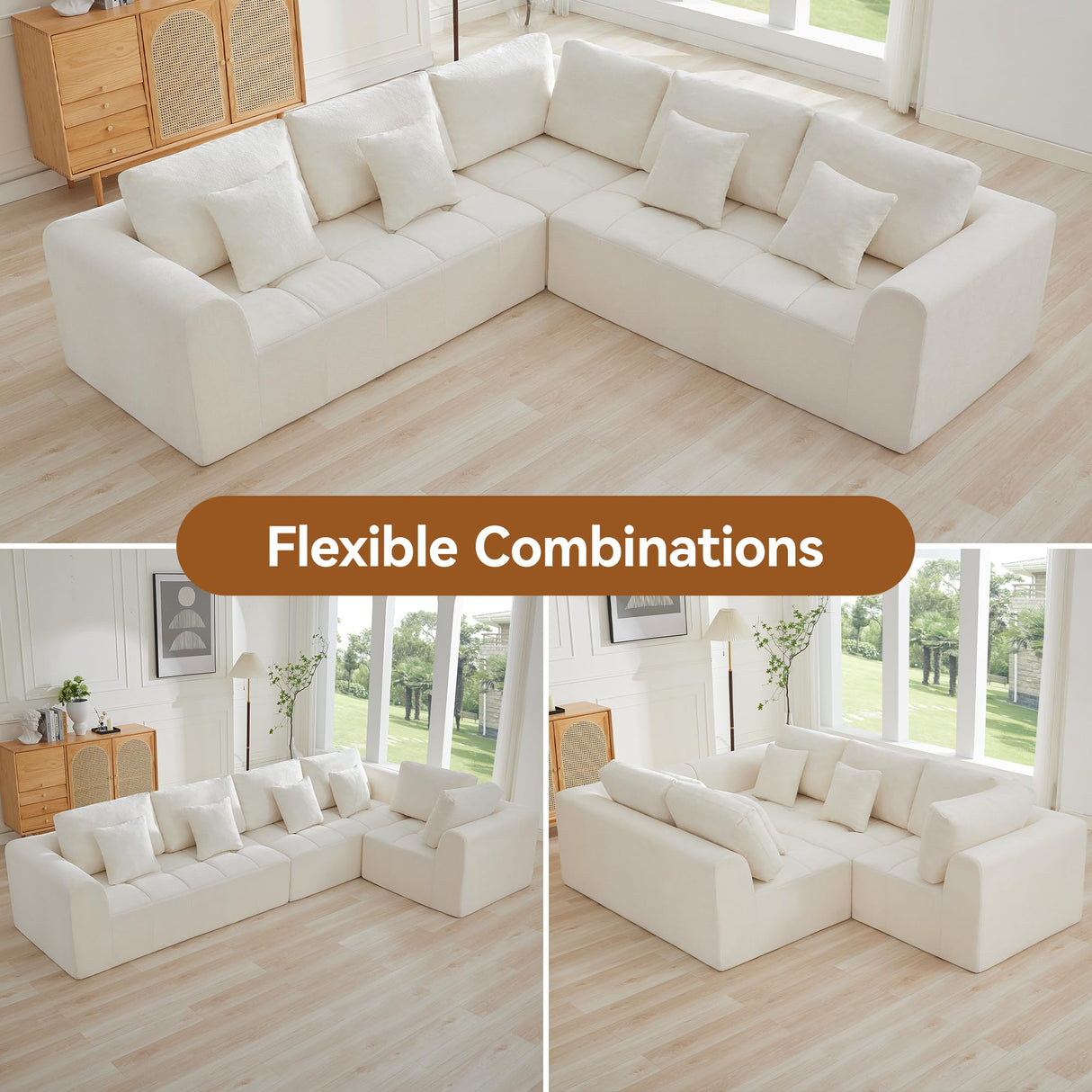 110''Modular Sectional Couches for Living Room, Cloud Boneless Compressed Sectional Sofa, Oversized L Shaped 5 Seater Upholstered Memory Foam Sofa, No Assembly, Chenille Beige WUTUTUEE