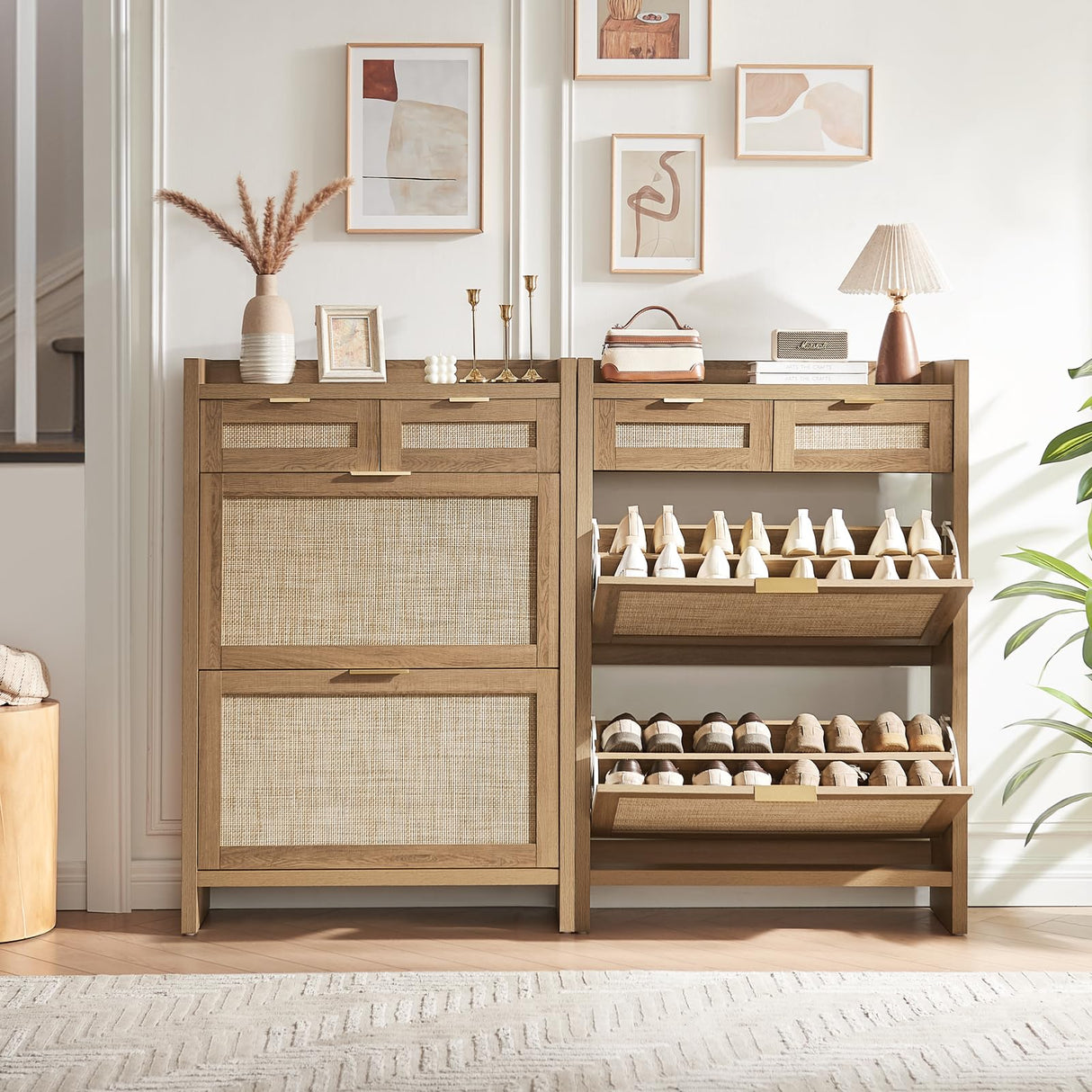 HOKYHOKY Rattan Shoe Storage Cabinet with 2 Drawers & 2 Flip Drawers – Hidden Slim Shoe Organizer for Entryway, Large Tabletop Space, Farmhouse Boho Narrow Shoe Rack, Rustic Oak HOKYHOKY