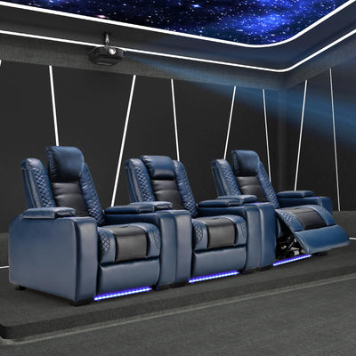 ANJ Power Home Theater Seating Recliner Chairs Set of 3, PU Leather Recliner & Cup Holder, Electric Movie Theater Reclining Chairs with Adjustable Headrest, Blue LED, Hidden Arm Storage (Black-Blue)