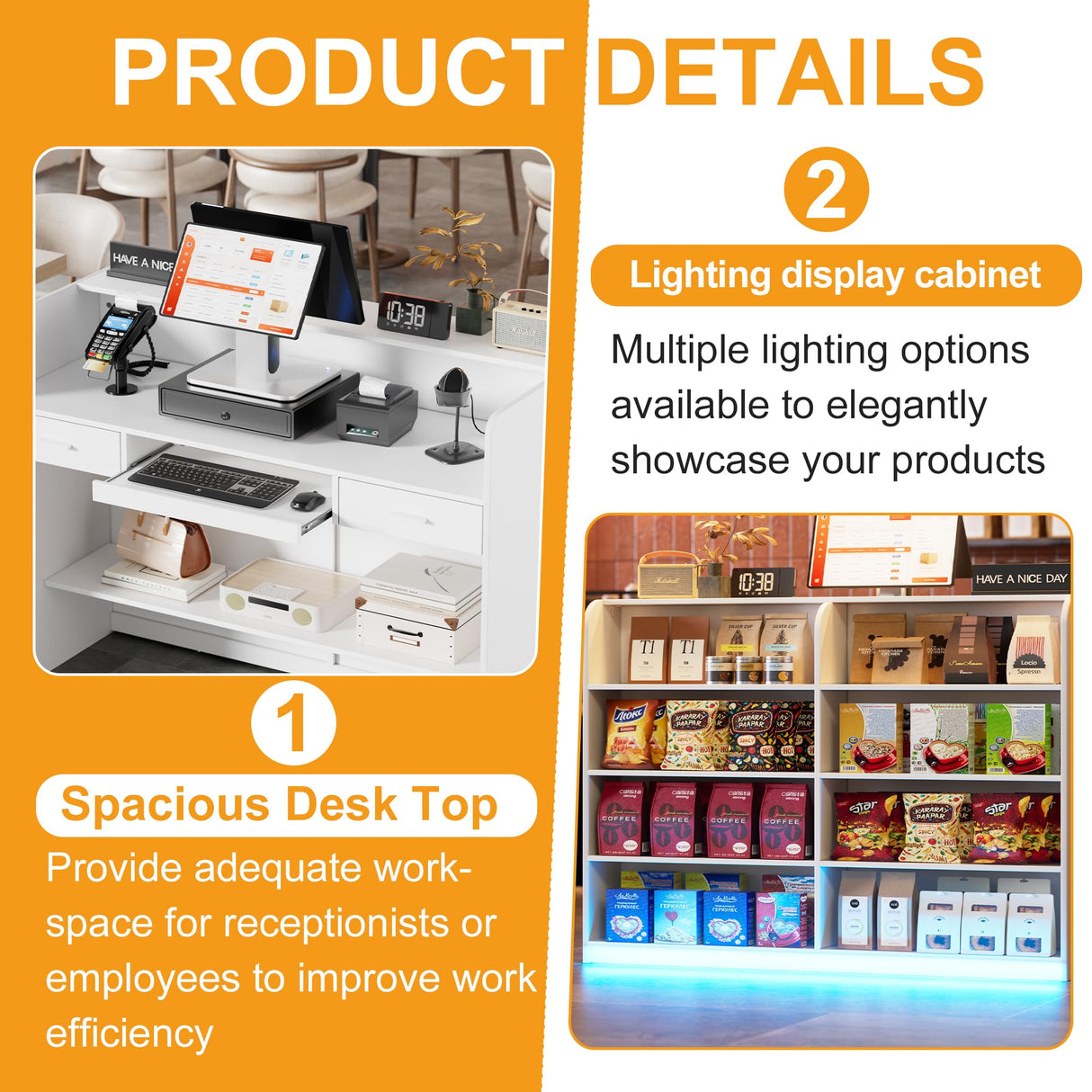SDMY Reception Desk with Counter for Retail & Checkout,Modern Front Desk Reception Room Table with Outer Display Rack, 47.7 inch Retail Counter with Lights for Market, Office, Fruit Shop,White SDMY