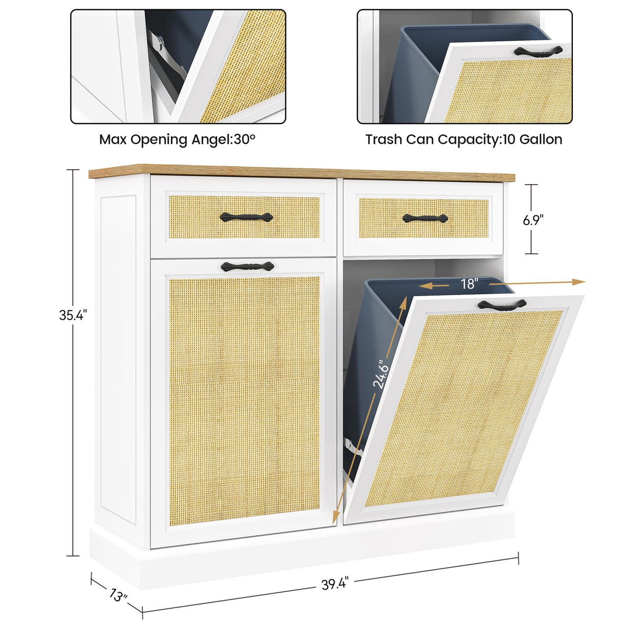 IDEALHOUSE Double Tilt Out Trash Cabinet with Natural Rattan, Hidden Trash Can Cabinet 10 Gallon Storage Holder, Freestanding Garbage Bin Cabinet for Kitchen Dining Living Room IDEALHOUSE