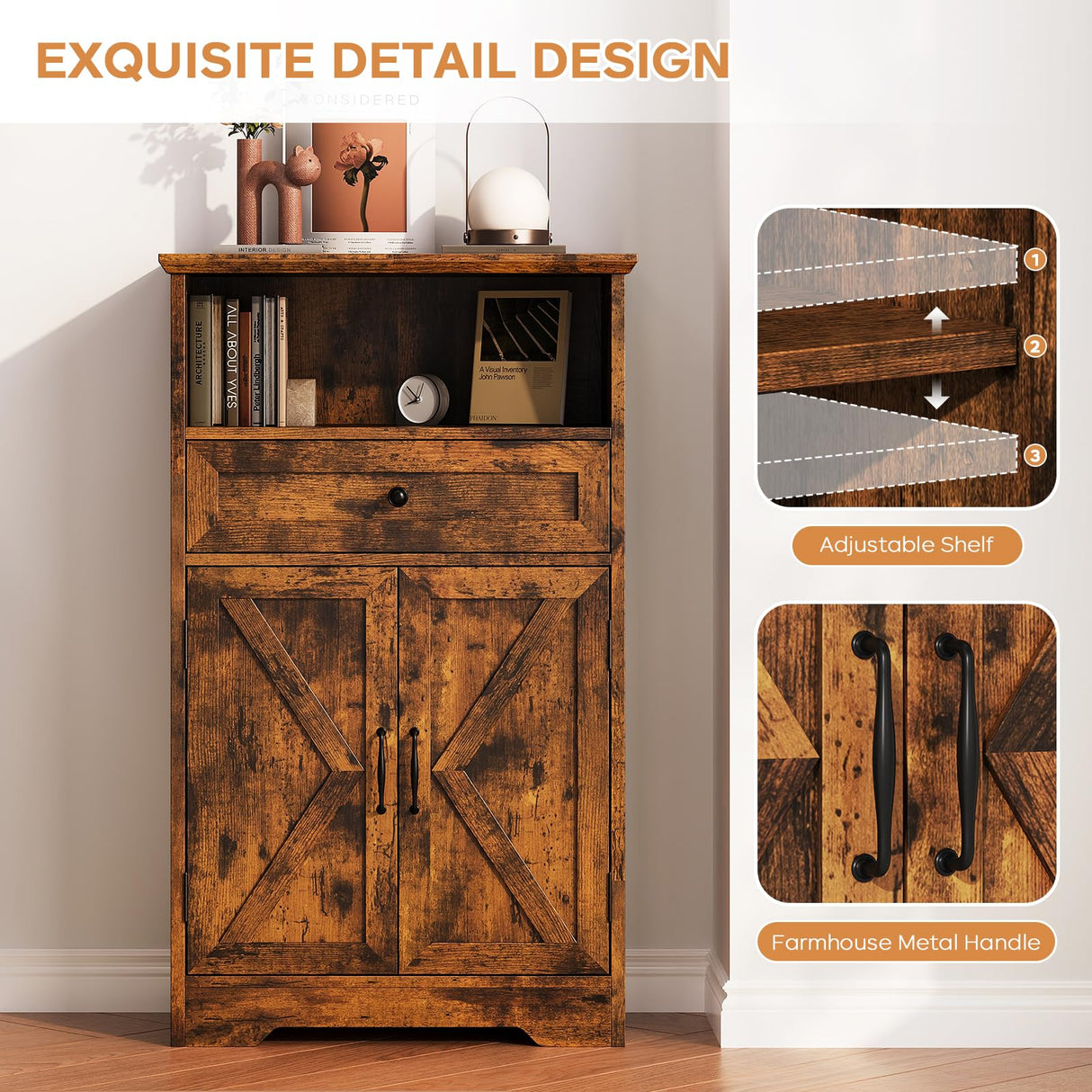 Viroformo Floor Cabinet, Farmhouse Storage Cabinet with Barn Doors and Drawer, 11.81" D x 23.62" W x 39.37" H Rustic Brown Freestanding Adjustable Shelf Organizer for Bathroom, Kitchen, Living Room Viroformo