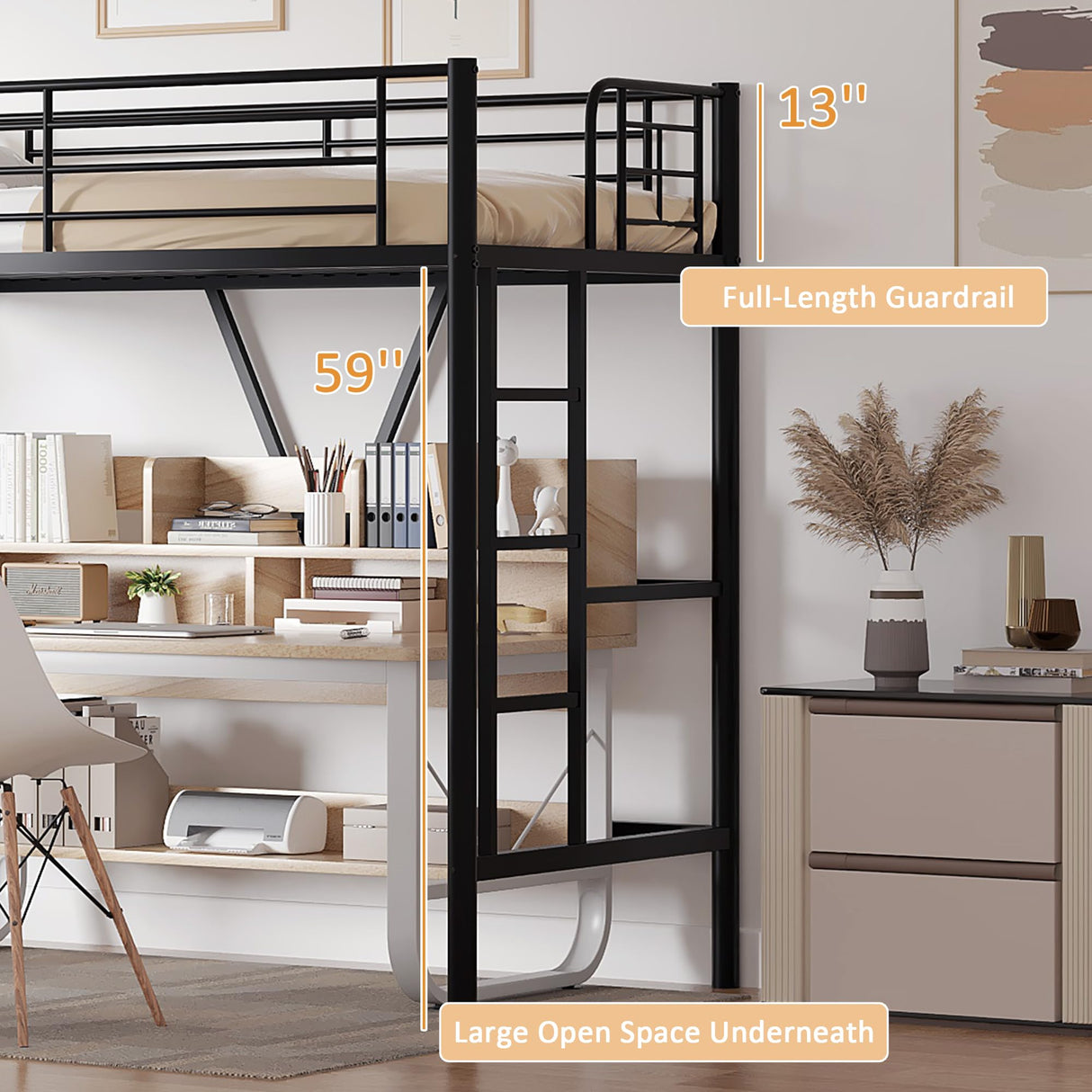 VECELO Twin Size Loft Bed with Full-Length Guardrails and Removable Ladder, Heavy-Duty Metal Frame, Space-Saving Design & Noise-Free, Black VECELO