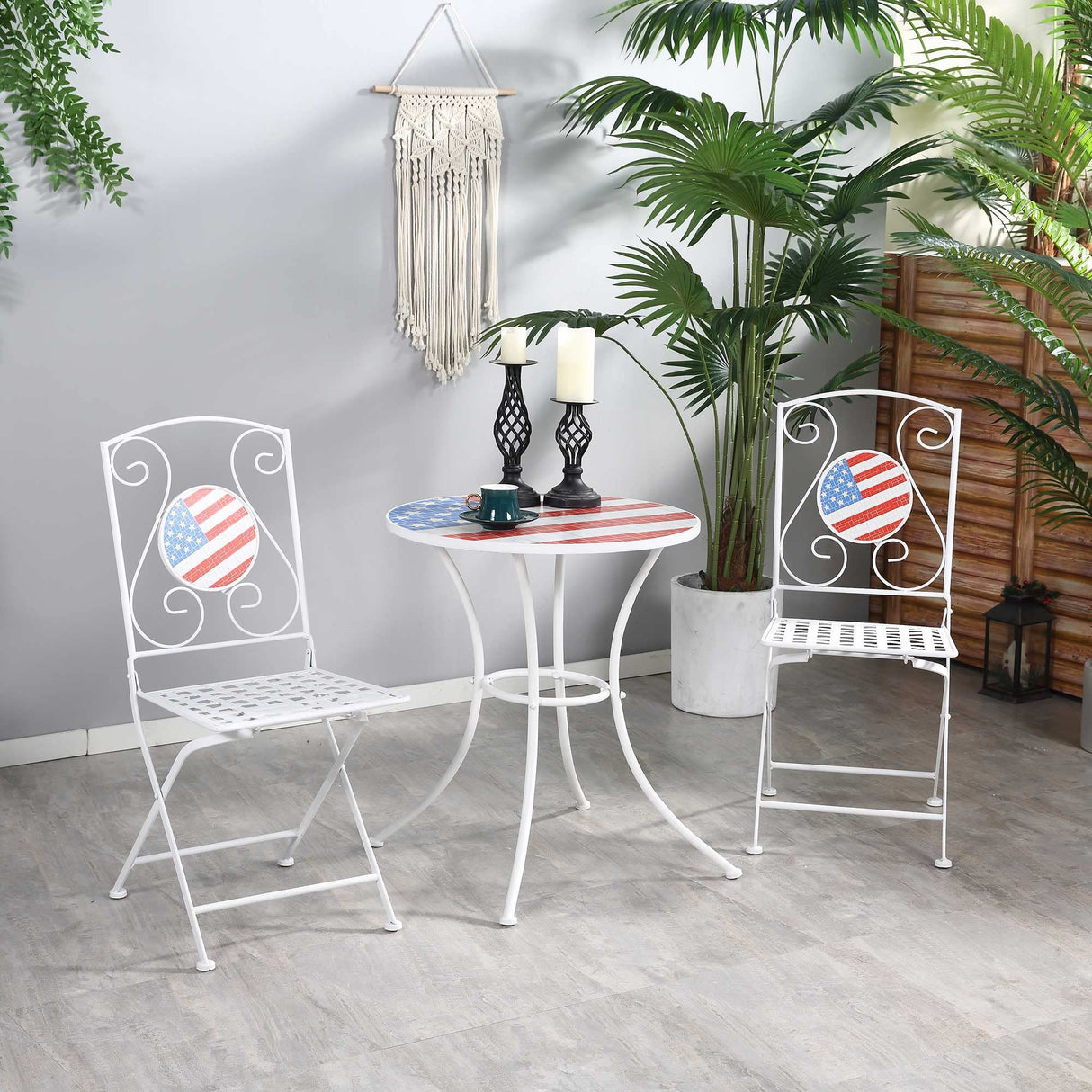 Outsunny 3 Piece Patio Bistro Set, Folding Outdoor Furniture with USA Mosaic Table and Chairs, Portable Metal Frames for 4th of July, Balcony, Backyard, Poolside, Porch, American Flag Outsunny