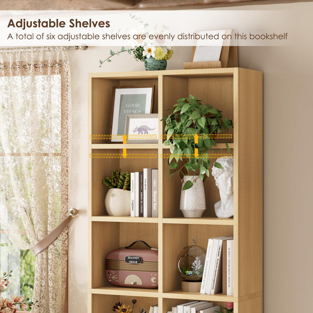 FOTOSOK 71’’ Narrow Bookshelf and Bookcase, Wooden Shelf 7 Tier Media Storage Tower Rack, CD DVD Storage Tower Rack with Adjustable Shelves,Double Wide Slim Bookshelf Cube Storage Organizer, Natural FOTOSOK