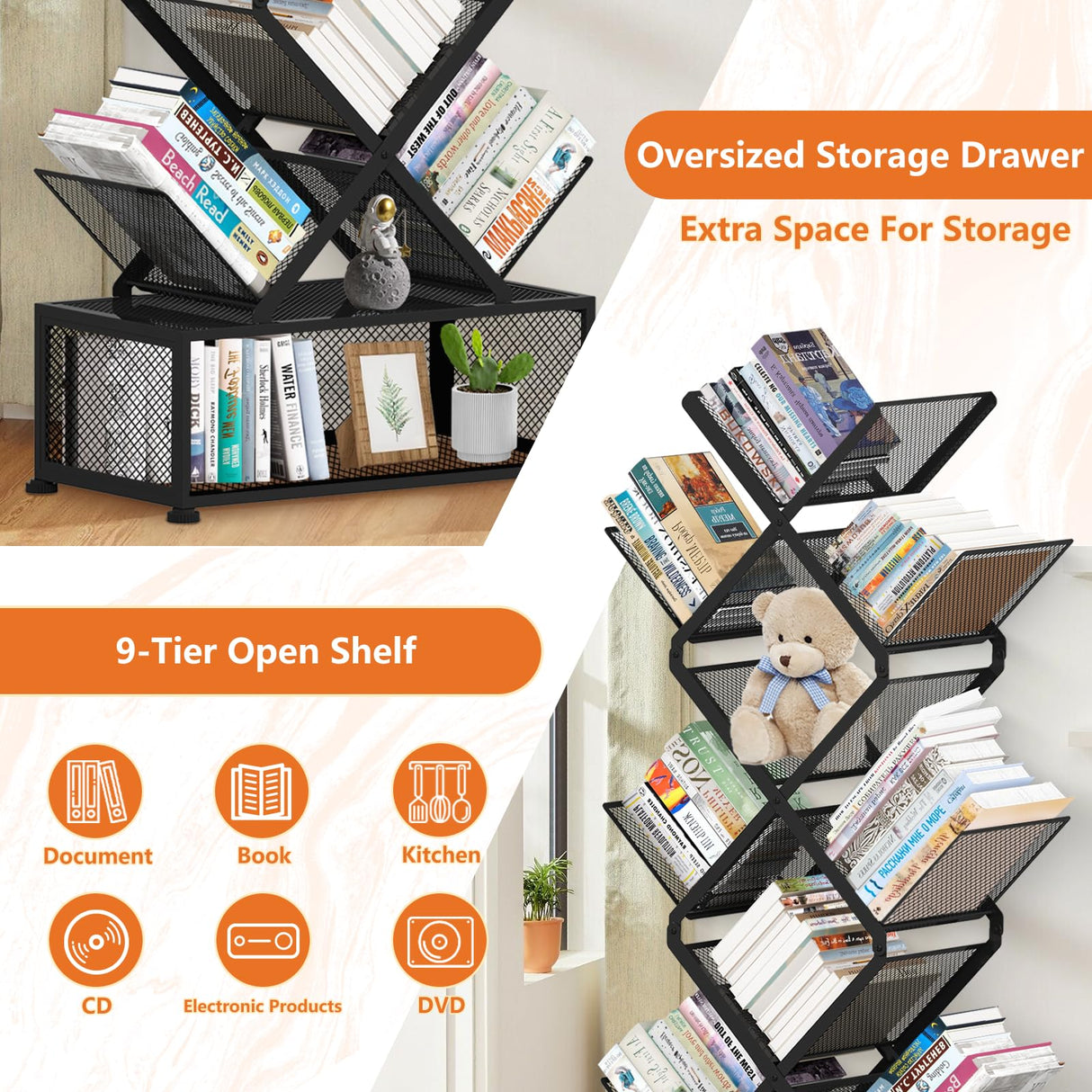 Onadak 9 Tier Folding Tree Bookshelf, Tall Bookcase with Storage Cabinet, Modern Narrow Bookshelves Organizer, Floor Standing Book Shelf for Bedroom/Living Room/Home Office/Corner (Black) Onadak