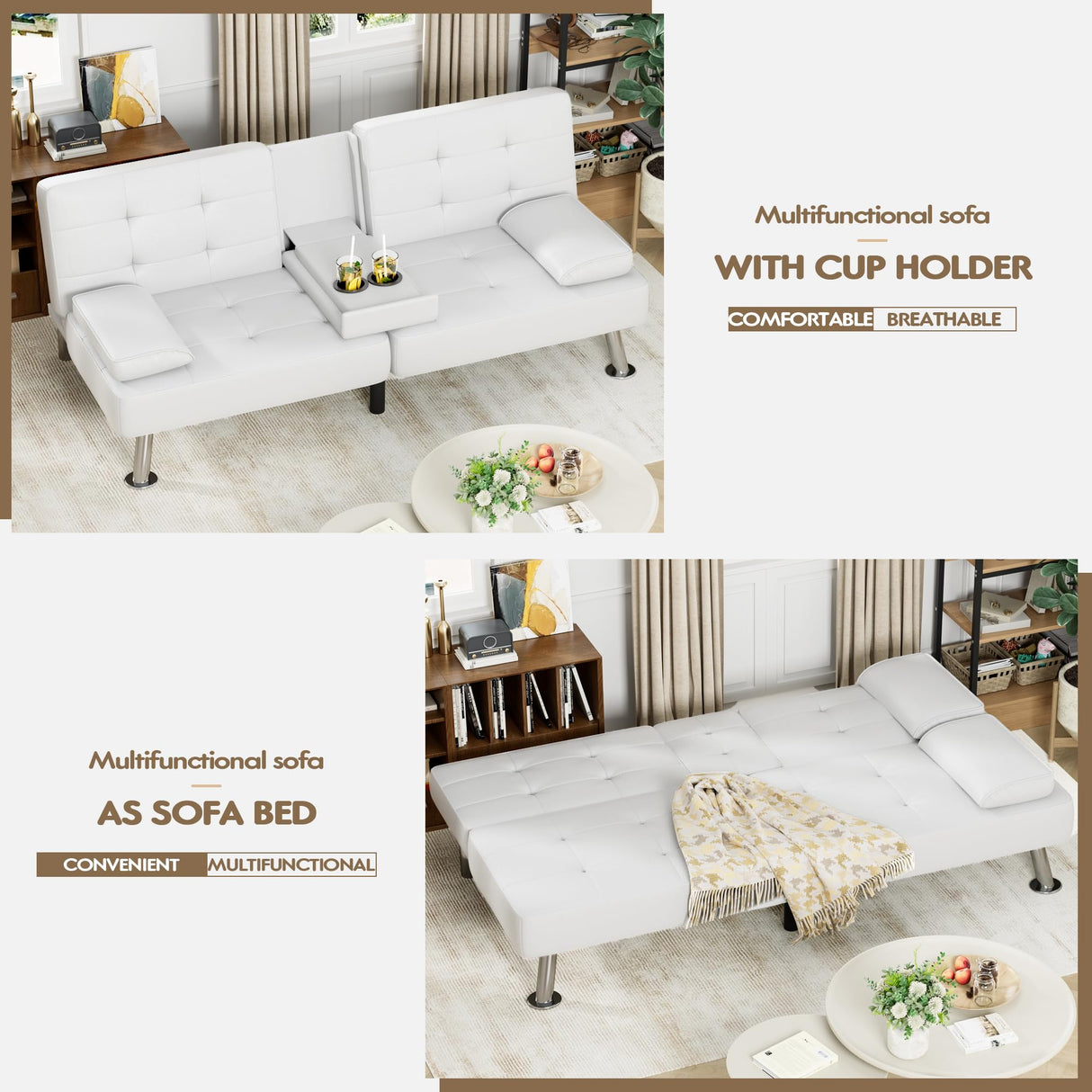 Homall Futon Sofa Bed, Leather Futon Couch with Removable Armrests, Adjustable Recliner Sleeper Sofa Bed with Dual Cup Holders for Living Room, Apartment, Office (White) Homall