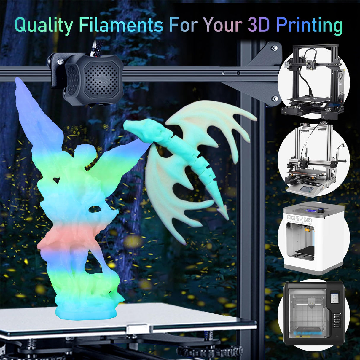 MIKA3D Glow in Dark PLA 3D Printer Filament Bundle, Glowing in Dark Fluorescent Green, Blue, Purple, Rainbow, Each Spool 0.25kg, 4 Spools, Total 1KG Dark Fluorescent PLA Multicolor Packed 250g X 4 MIKA3D