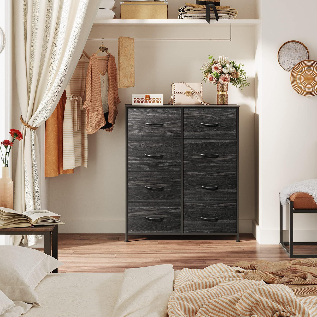 WLIVE Tall Fabric Dresser for Bedroom with 8 Drawers, Storage Tower with Bins, Double Dresser, Chest of Drawers for Closet, Living Room, Hallway, Charcoal Black Wood Grain Print WLIVE