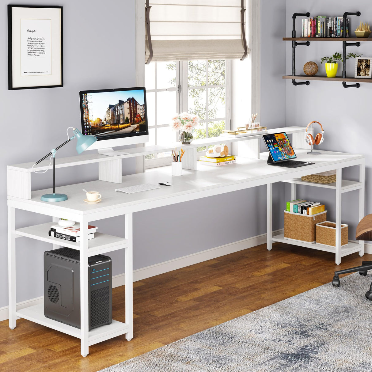 Tribesigns Two Person Desk with Monitor Stand, 78.74" Long Double Computer Office Desk with Storage Shelves, Large Gaming Desk Study Writing Table Workstation for Home Office (White) Tribesigns