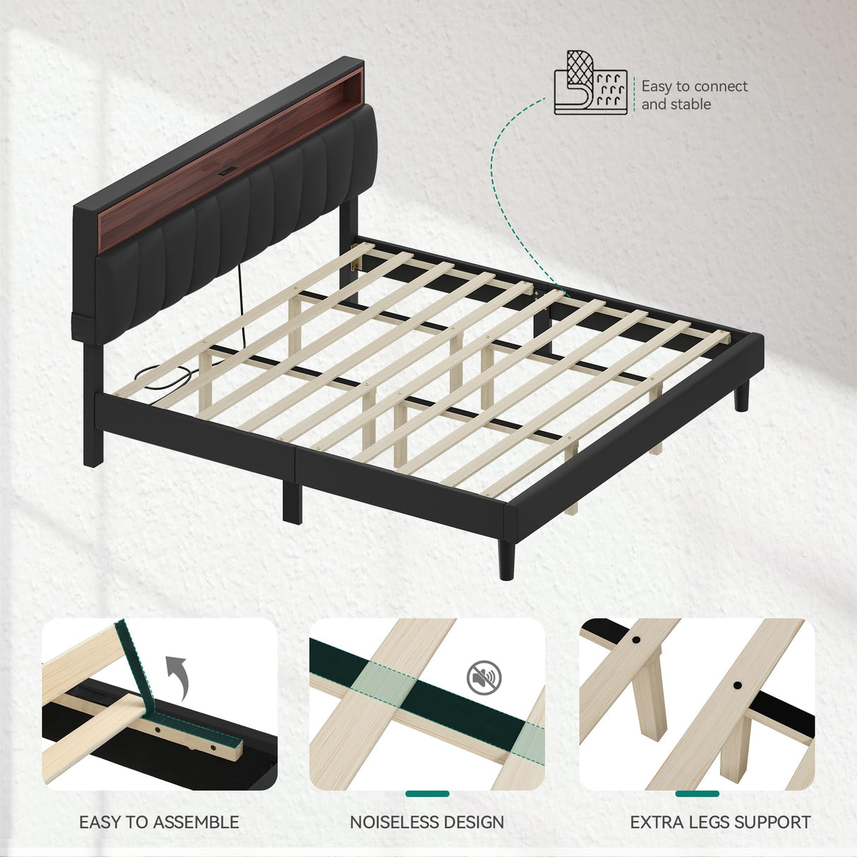 YITAHOME King Size Bed Frame, LED Bed Frame with Storage Upholstered Headboard, Platform Bed with Outlet & USB Ports, No Box Spring Needed, Easy Assembly, Black YITAHOME