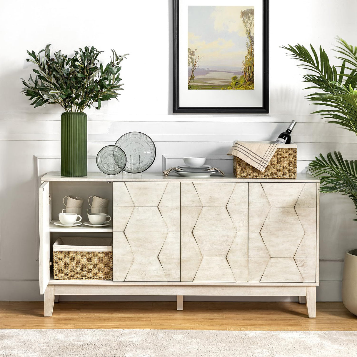 HULALA HOME Mid Century Sideboard Buffet Cabinet with Solid Wood Legs, 60" Kitchen Storage Cabinet Credenza with 4 Doors and 2 Shelves, Accent Console Table, White HULALA HOME